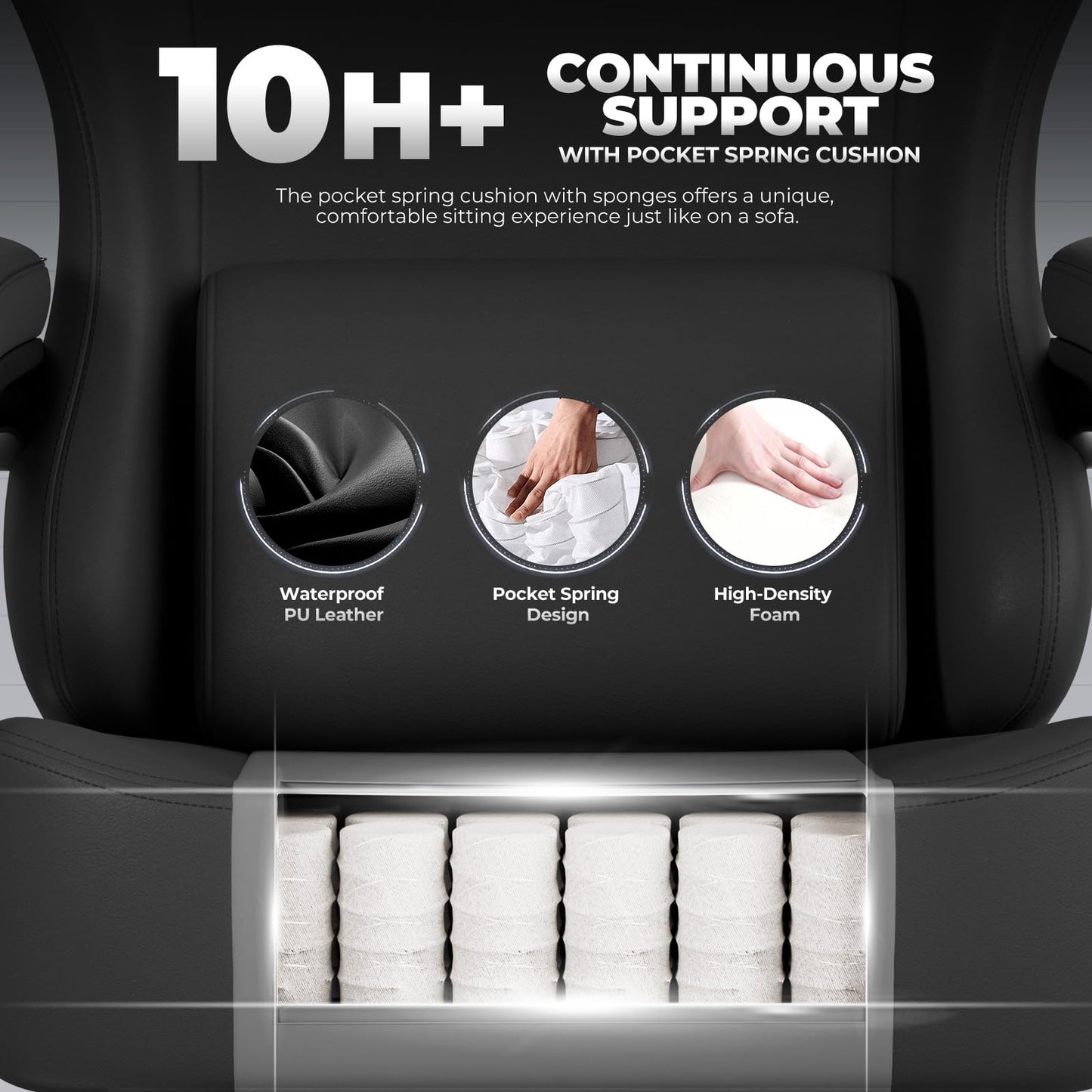 GTPLAYER Big and Tall Gaming Chair 400lbs Heavy Duty Office Chair with Footrest, High Back Pocket Spring Ergonomic Computer Chair for Adults, Wide Cushion with Linkage Armrests,Leather Black-Massage