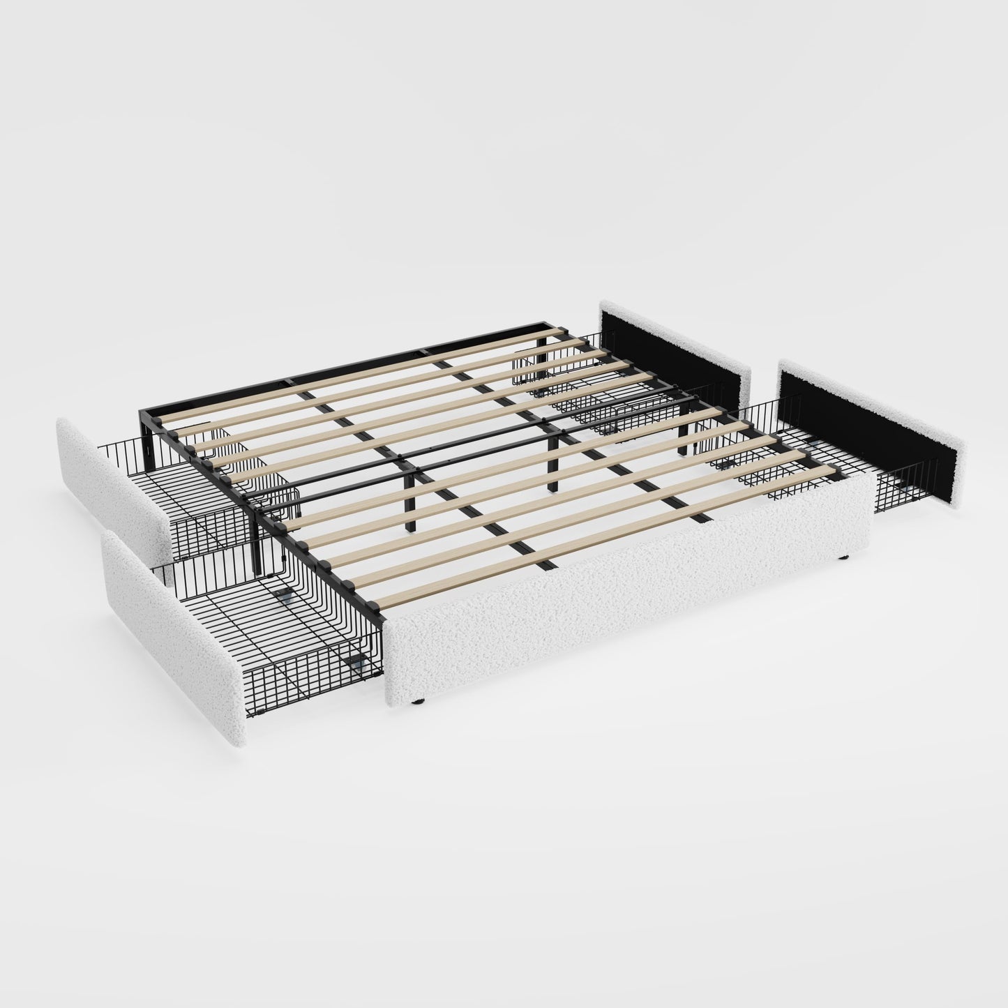 Allewie King Size Bed Frame with 4 Oversized Storage Drawers, Soft Teddy Fabric, Boucle Upholstered Platform Bed, Wooden Slats Support, Noise-Free, No Box Spring Needed, Easy Assembly, White