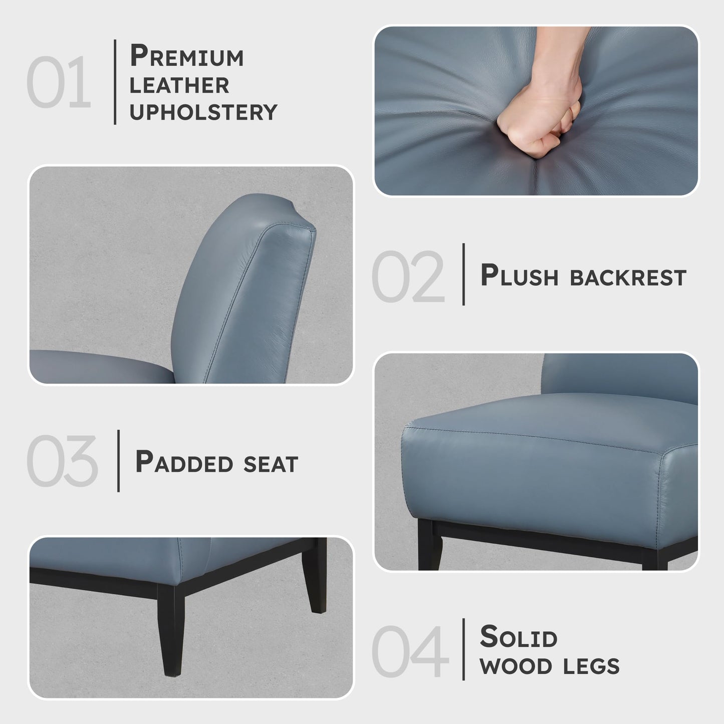 Lexicon Modern Living Room Leather Accent Chair, Luxury Genuine 100% Top Grain Leather Upholstered Armless Chair, Comfortable Seat, Black Solid Wood Legs for Bedroom/Office, Easy Assembly, Blue