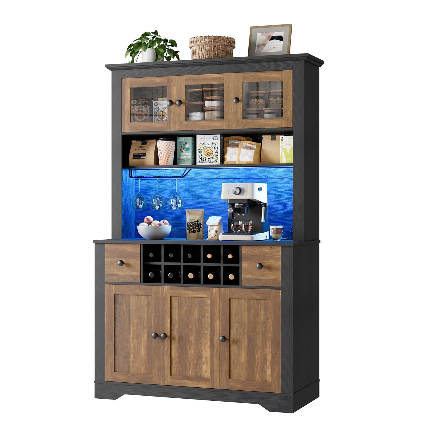 68.7 " Pantry Cabinet with LED Light and Charging Station, Kitchen Pantry Storage Cabinet with Countertop, Large Kitchen Hutch with Wine Rack & Adjustable Shelves for Dining Room, Living Room