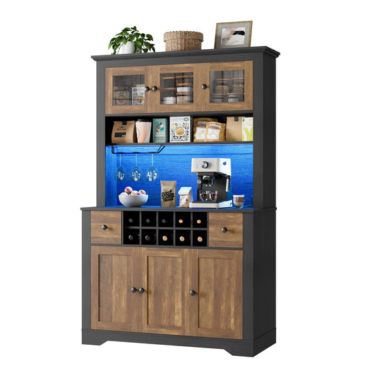 68.7 " Pantry Cabinet with LED Light and Charging Station, Kitchen Pantry Storage Cabinet with Countertop, Large Kitchen Hutch with Wine Rack & Adjustable Shelves for Dining Room, Living Room