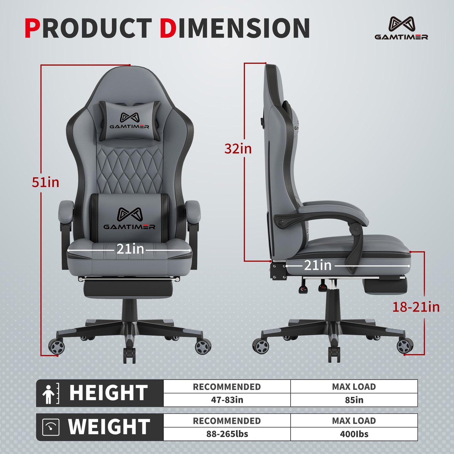 Gamtimer Gaming Chair with Footrest, Ergonomic Computer Chair, PU Breathable Material with Headrest and Lumbar Support, Suitable for Silla Gamer and Adults（Grey）