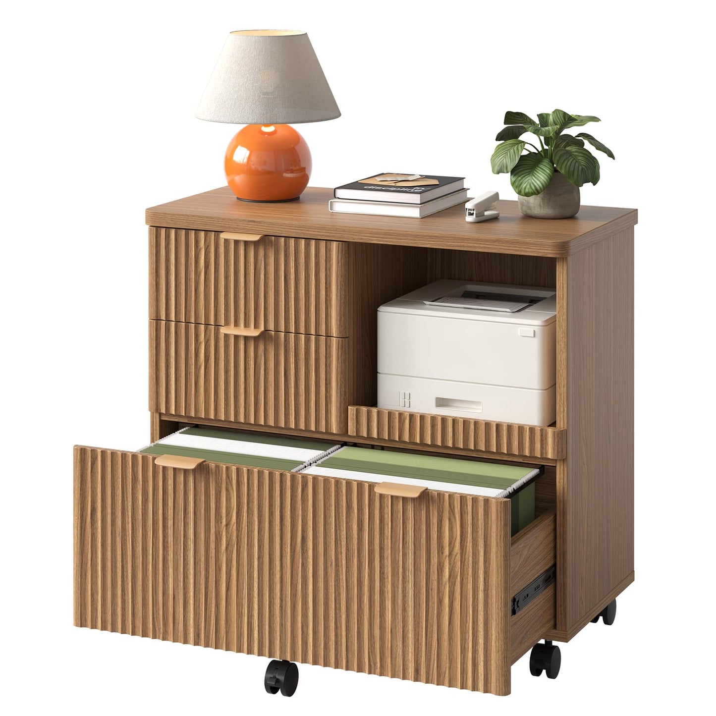 Bestier 3 Drawer File Cabinet, Decorative Fluted Wood Lateral Filing Cabinet with Caster for Home Office, Fits for A4/Letter/Legal-Sized Files, Printer Stand with Open Storage Shelves, Brown