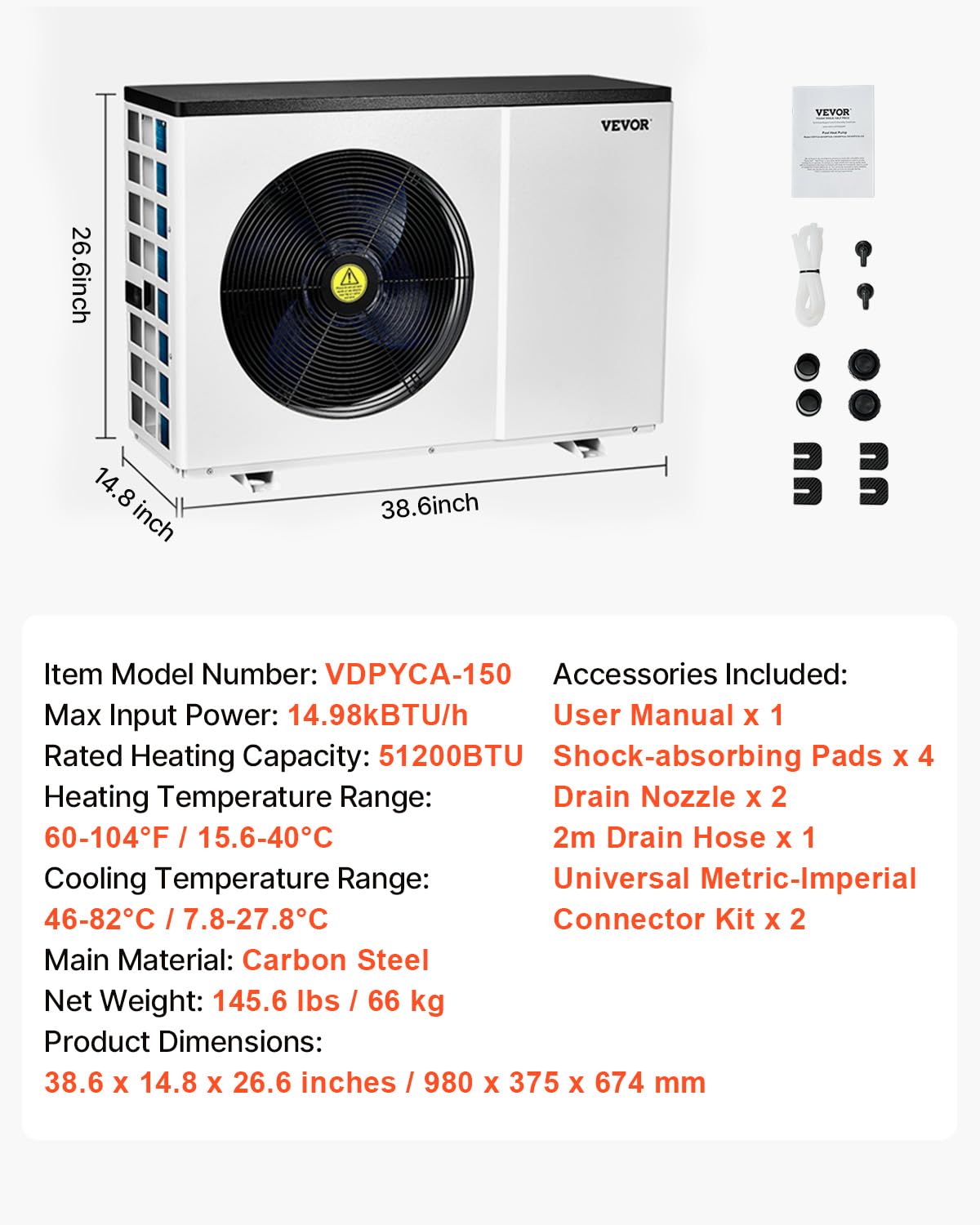 VEVOR Electric Pool Heat Pump, 51,200 BTU, Fits 7,926-15,851 Gallon Above & In-Ground Pools, Low Noise Heating & Cooling, Energy-Saving Water Heater AC208-230V 60Hz
