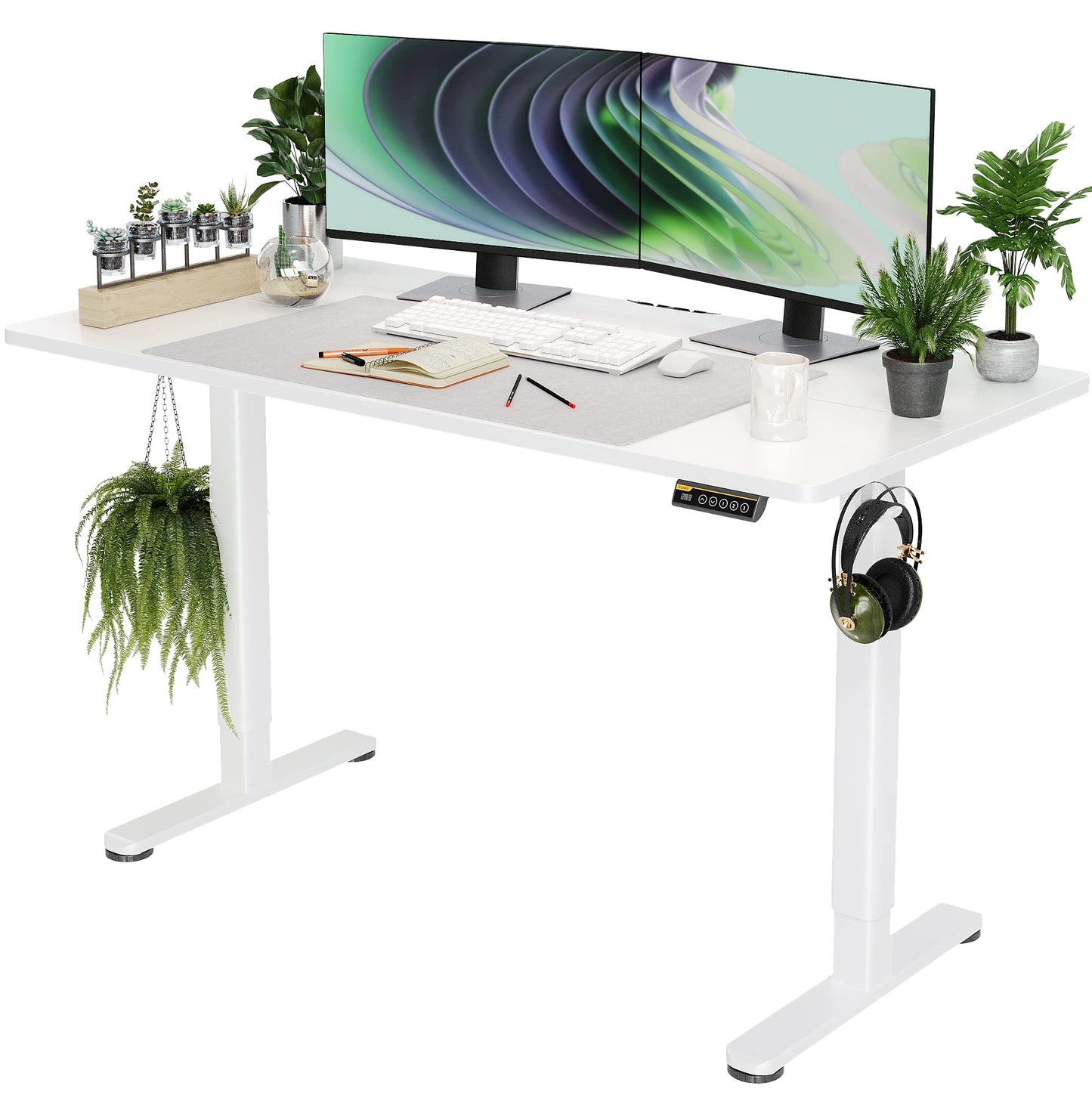 Claiks Electric Standing Desk, Adjustable Height Stand up Desk, 55x24 Inches Sit Stand Home Office Desk with Splice Board, White Frame/White Top