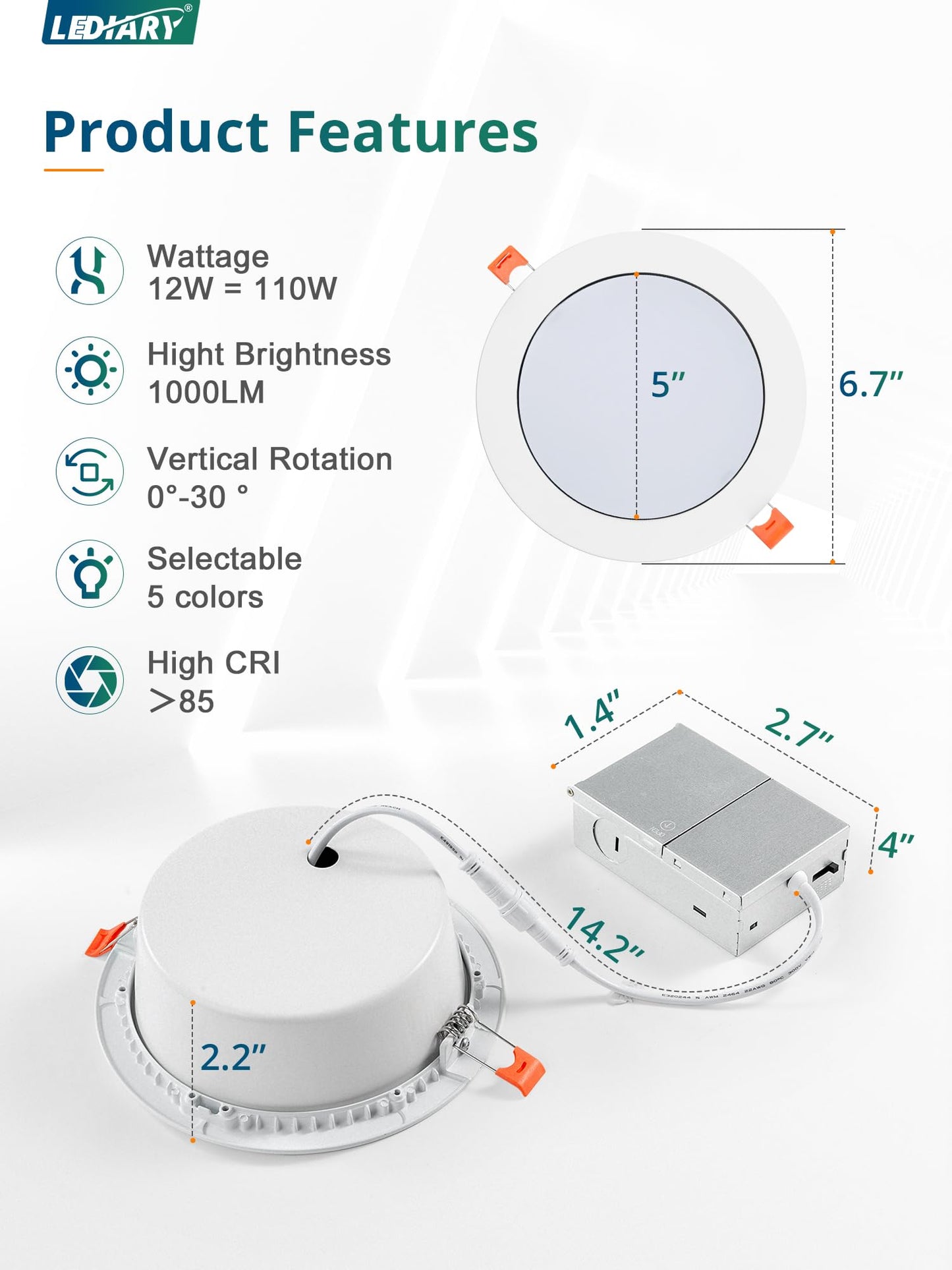 LEDIARY 12 Pack Gimbal LED Recessed Lighting, 6 Inch, 5CCT 2700K-6000K, Air Tight, Slim Canless Downlight, White