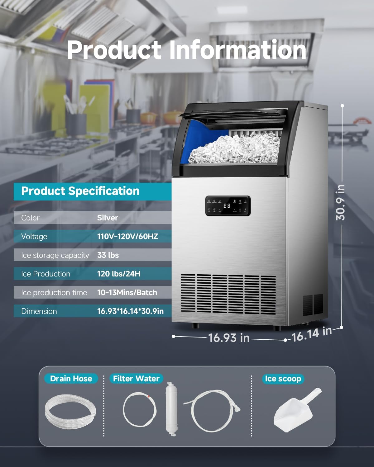 EUHOMY Commercial Ice Maker,120lbs/24H,Stainless Steel Under Counter Ice Machine with Water Filter,33lbs Storage Capacity, 45 Cubes in 8-12 Mins, Freestanding Ice Machine for Home/Bar/Cafe/Restaurant