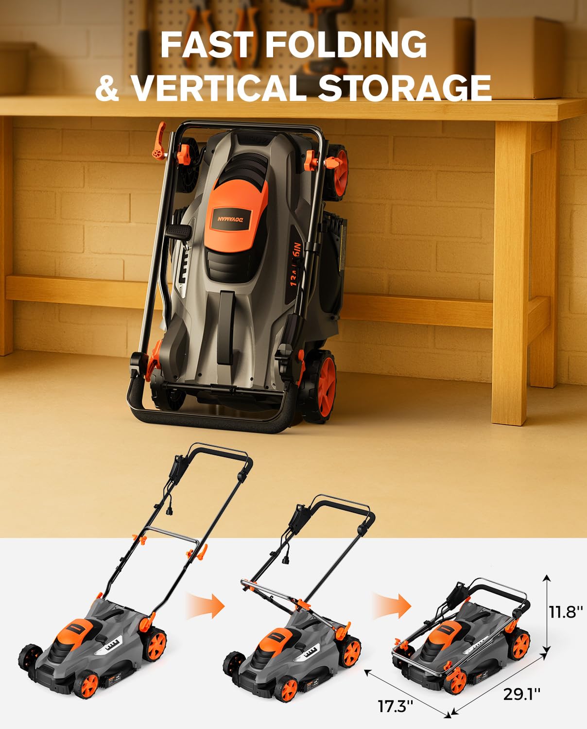 DOVAMAN 13Amp 16" Lawn Mower, 98% Collection, 13.2-Gallon Bag, 5-Position Height Adjustment, 3-Step Quick Vertical Fold Storage, 2-in-1 Mulching & Bagging, Corded Lawn Mower for Your Garden