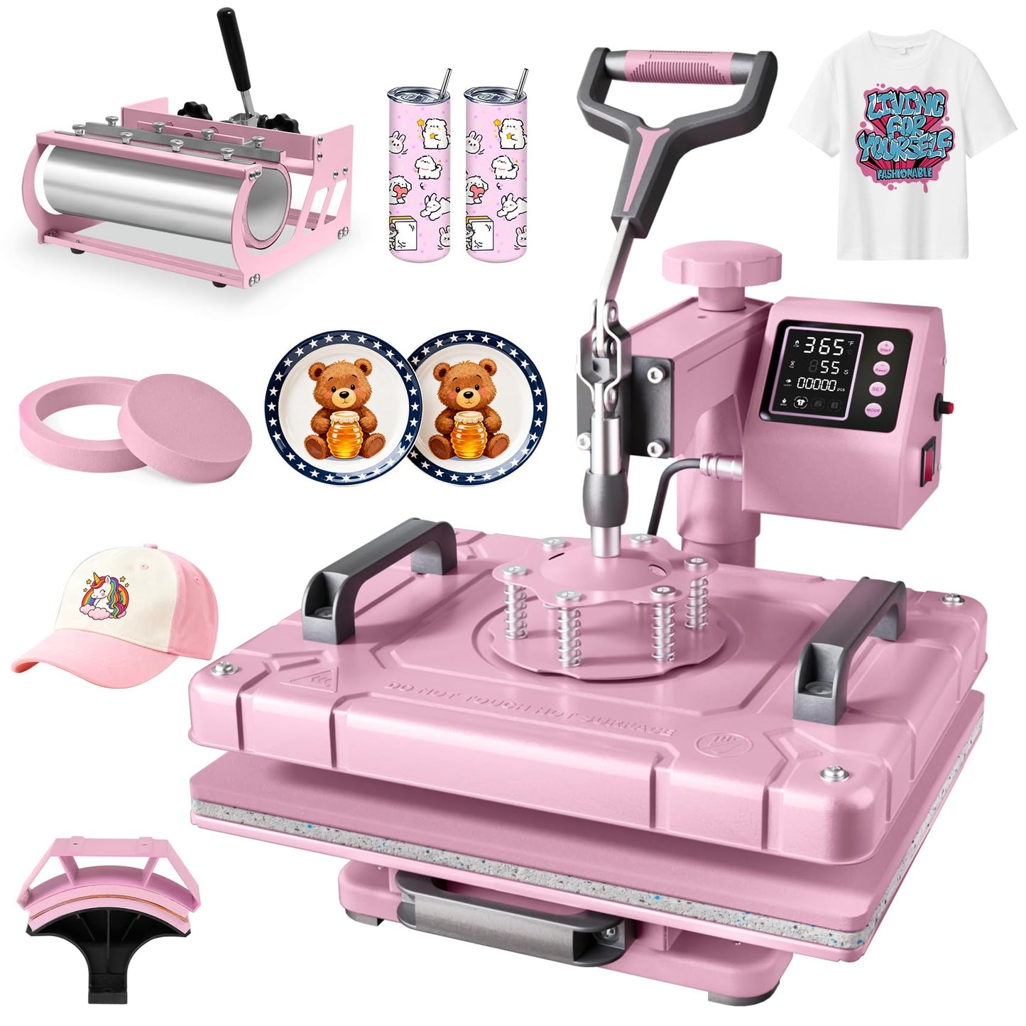 Seeutek 12x15 Inch 5 in 1 Heat Press Machine, 360° Swing Away Sublimation Press with 20oz & 30oz Tumbler Attachments for T-Shirts, Mugs, Hats & Plates, Pink