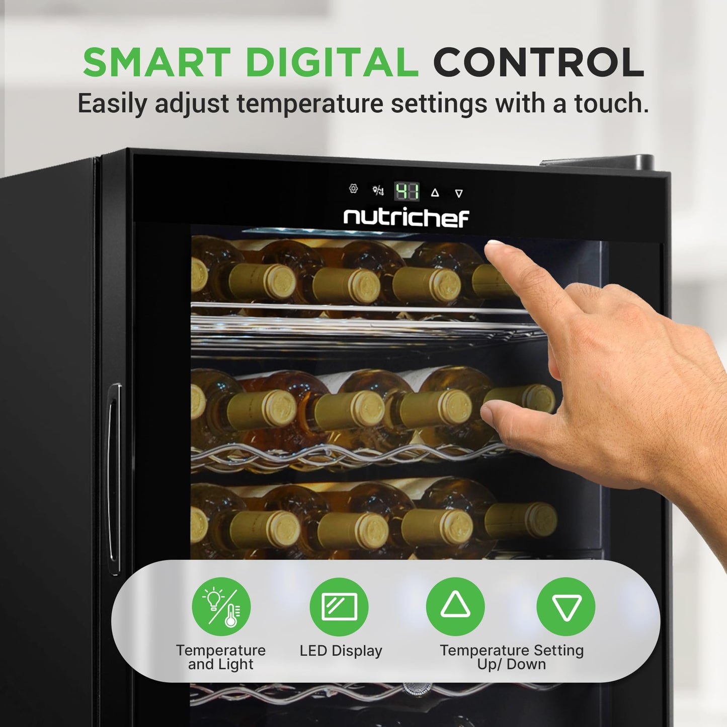 NutriChef PKCWC340 Wine Fridge, 34 Bottle Single Zone Beverage Chiller, 93.5L Capacity, 33x19x17 IN, Black