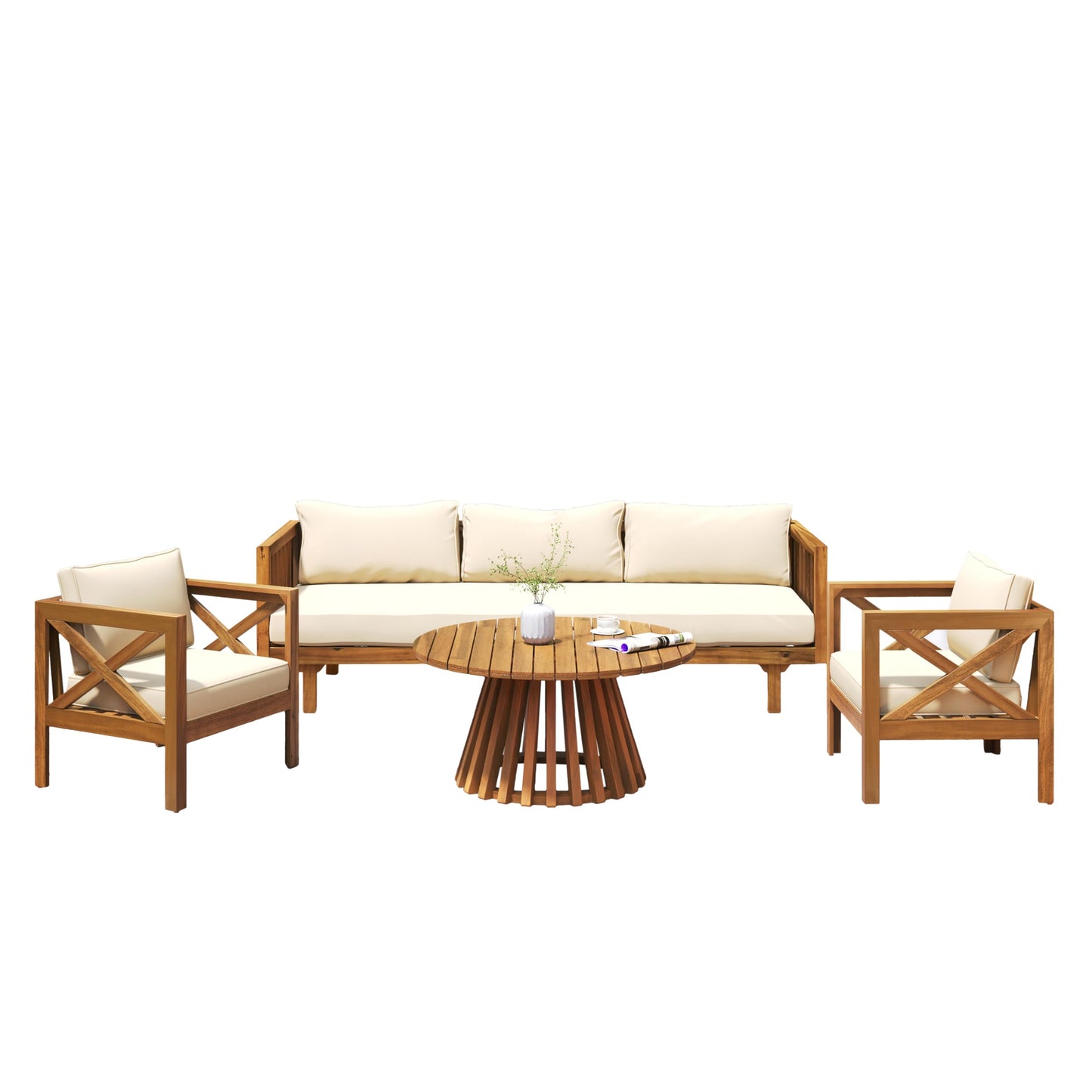 Merax Outdoor 4-Piece Acacia Wood Conversation Set - Patio 3-Seat Loveseat Sofa Daybed with Cushion, 2 Armchair and Round Coffee Table for Backyard, Lawn, Balcony, Teak + Beige