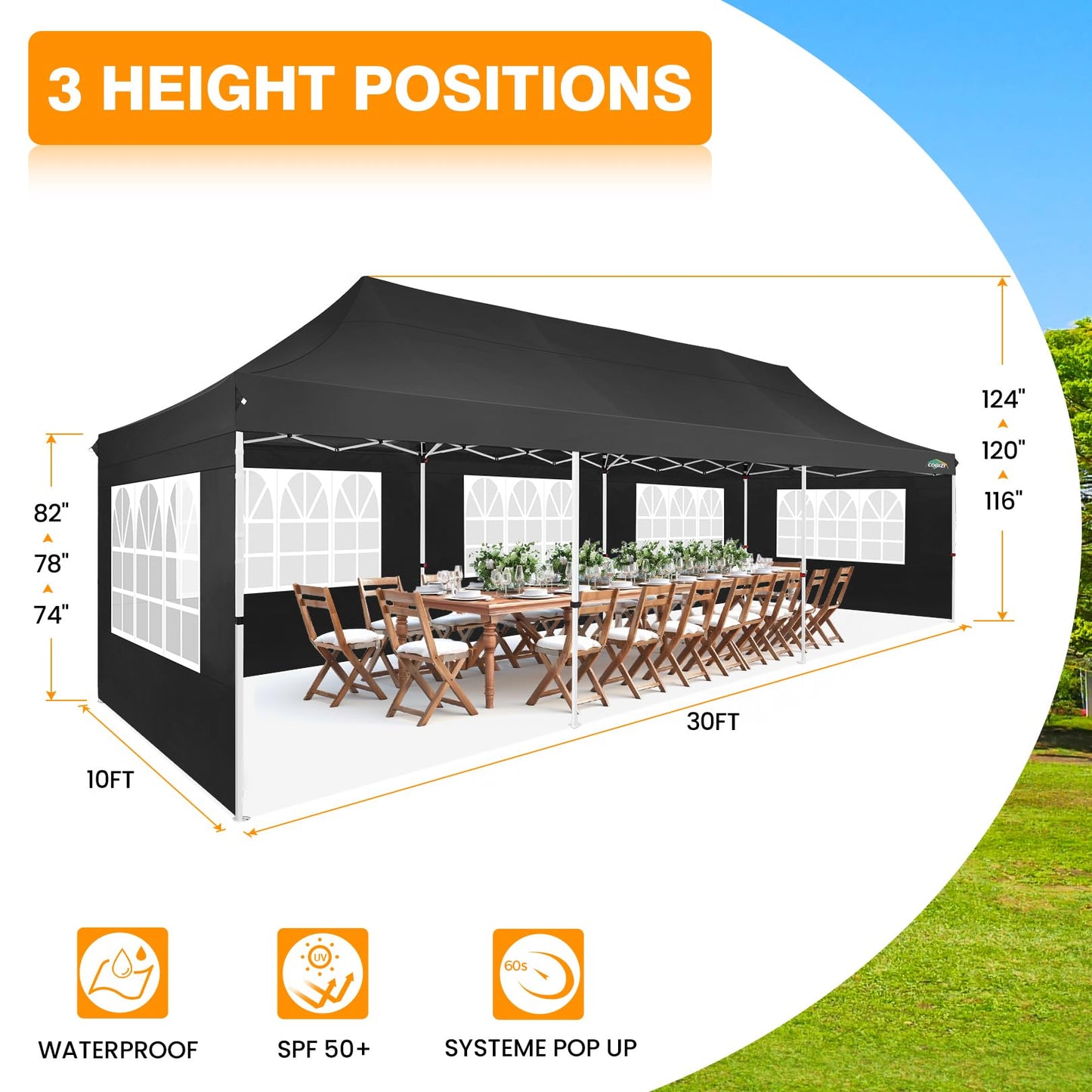 COBIZI 10x30 Pop up Canopy with Roller Bag & 8 Removable Sidewalls, Canopy Tent for Parties, Wedding, and Commercials, Waterproof and Instant Shelter UV50+ Outdoor Gazebo with 4 Sandbags(Pure Black)