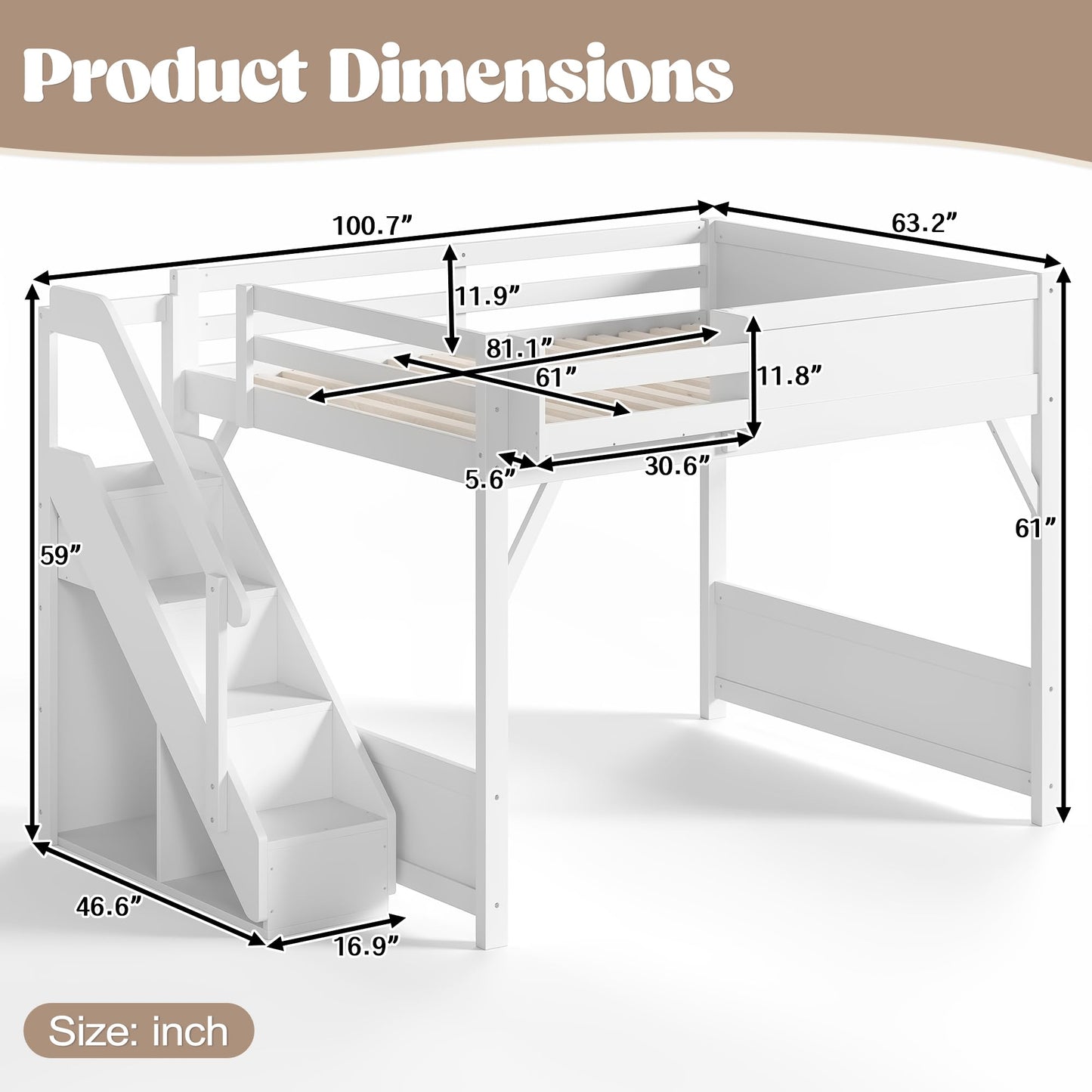 KEIKI Solid Wood Queen Size Loft Bed Frame with Stairs, Built-in Wardrobe and Storage Space, Queen Loft Bed with Shelves, Queen-Length Guardrails, No Box Spring Needed for Bedroom, Light White