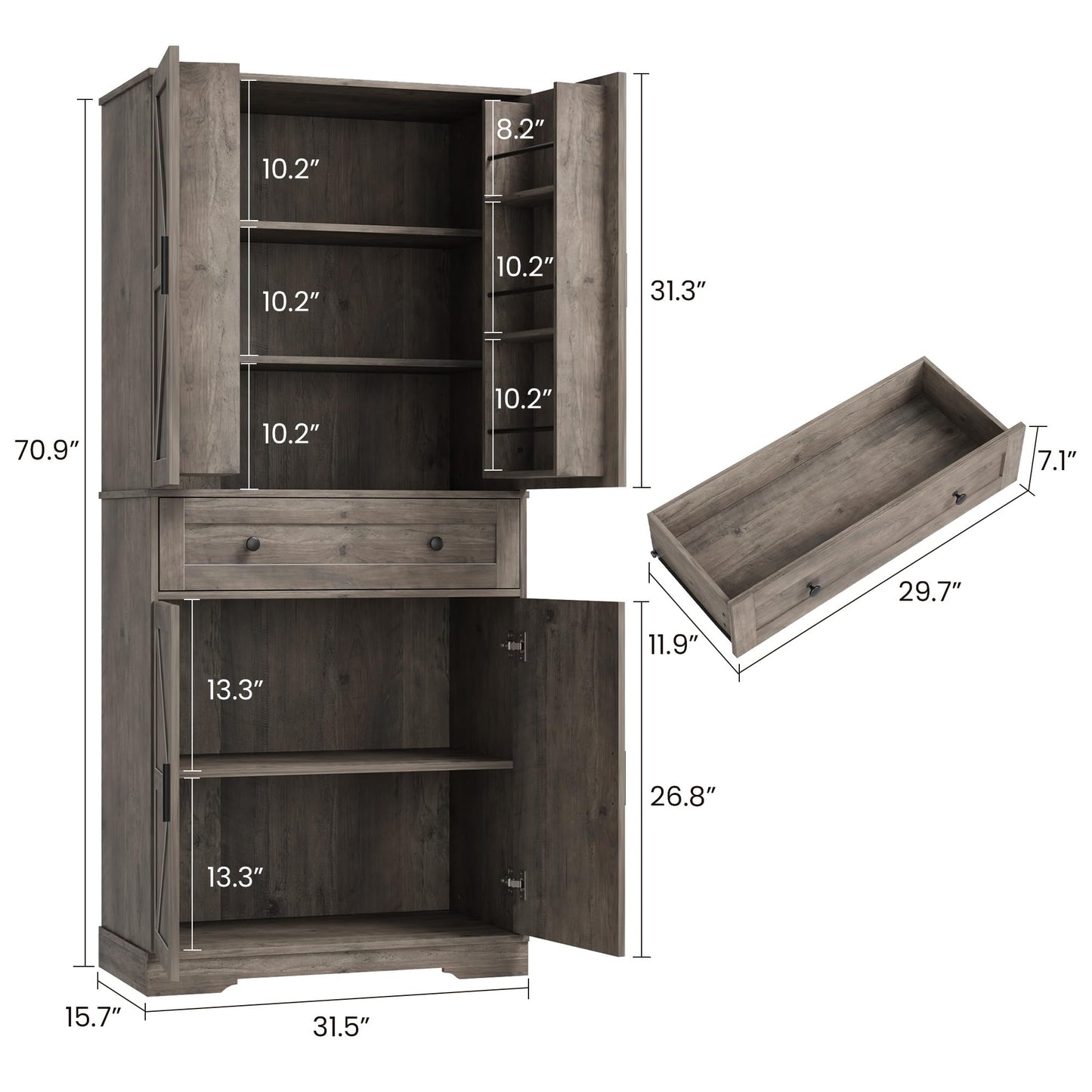 Garvee 71" Kitchen Pantry Cabinet, Barn Door Freestanding Cupboard with Drawer, Sliding Storage Rack, and 6 Hanging Shelves for Kitchen, Dining Room, Living Room Bedroom
