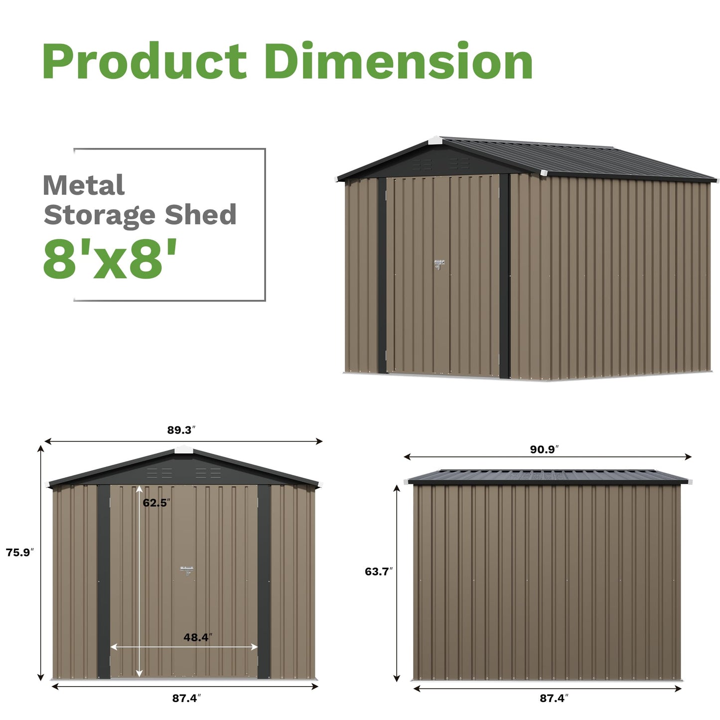 Patiowell 8x8 FT Storage Shed with Lockable Door, Metal Tool Outdoor Sheds with Sloping Roof, Modern Utility Patio Shed for Lawn Garden Backyard, Brown