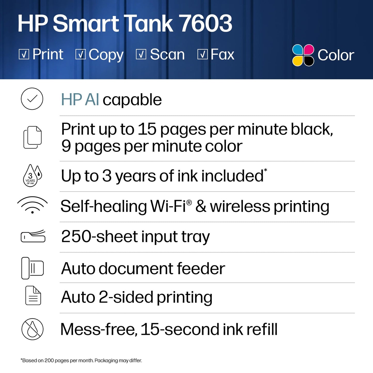 HP Smart Tank 7603 Wireless All-in-One Ink Tank Printer, Scanner, Copier with up to 3 Years of Ink Included, Best-for-Home Office, Cartridge-Free Refillable, AI-Capable (9B5D1A)