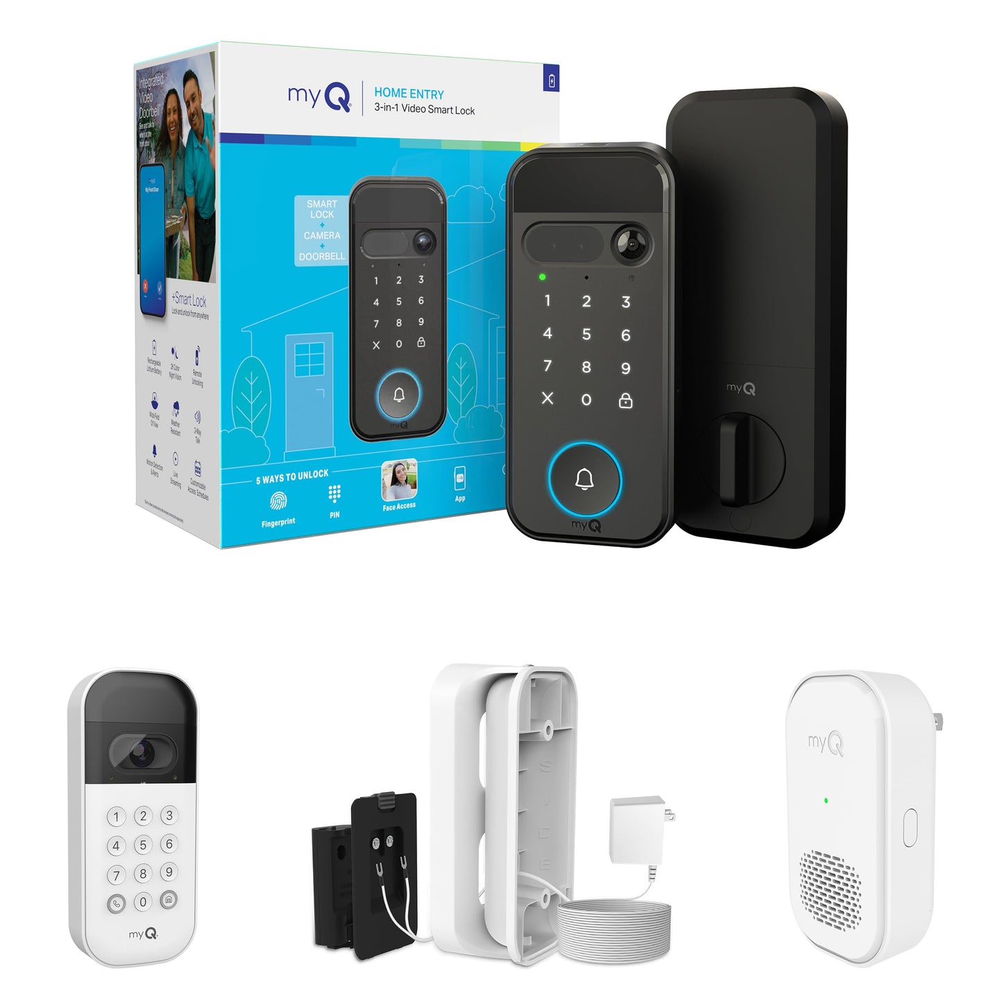 myQ Smart Access Starter Kit: Secure View™ 3-in-1 Smart Lock + Garage Door Video Keypad + Adapter Kit + myQ Chime, Custom PIN Codes, Keyless Entry, 2K HDR Doorbell Camera, App Control & Two-Way Audio