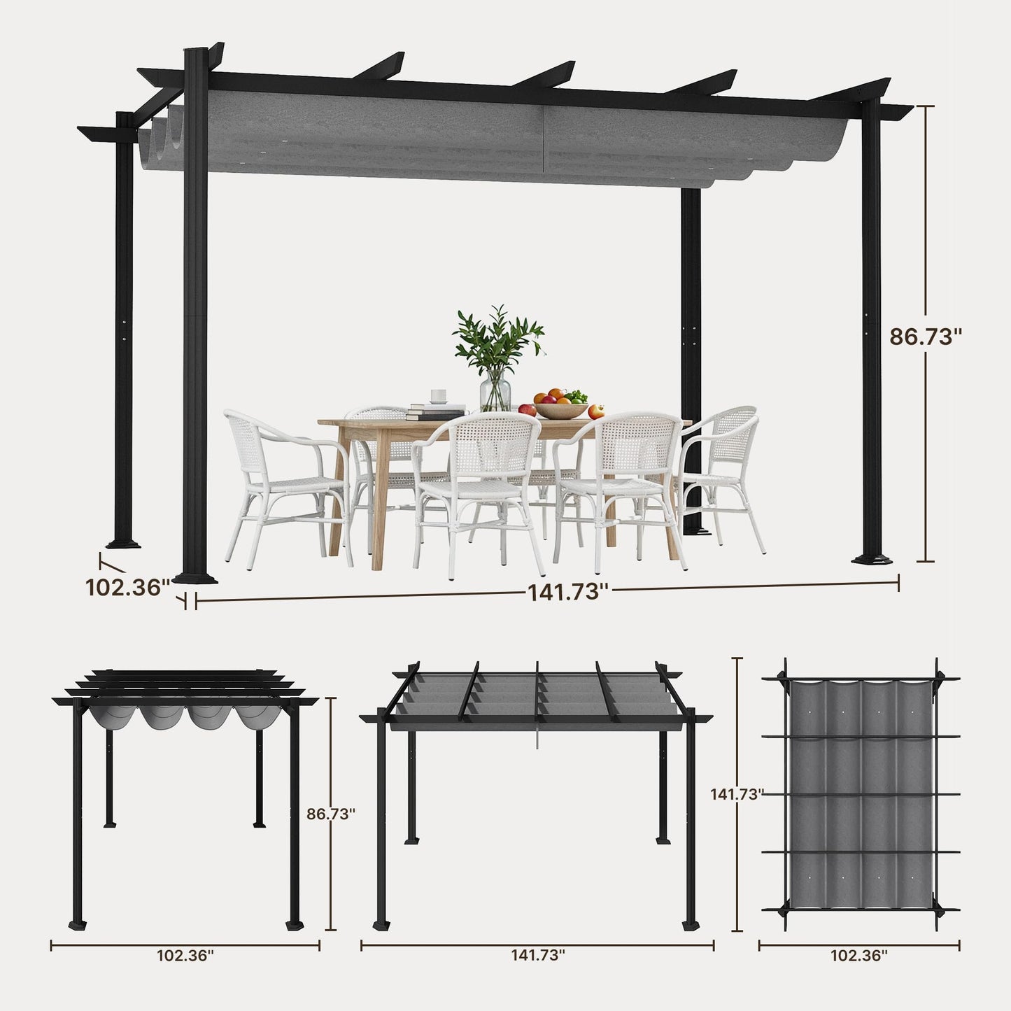Ahomly 12' X 8' Outdoor Retractable Pergola with Sun Shade Canopy, Patio Metal Shelter for Garden/Porch/Beach, Heavy Duty Adjustable Pavilion Grill Gazebo, Modern Yard Grape Trellis Pergola, Gray