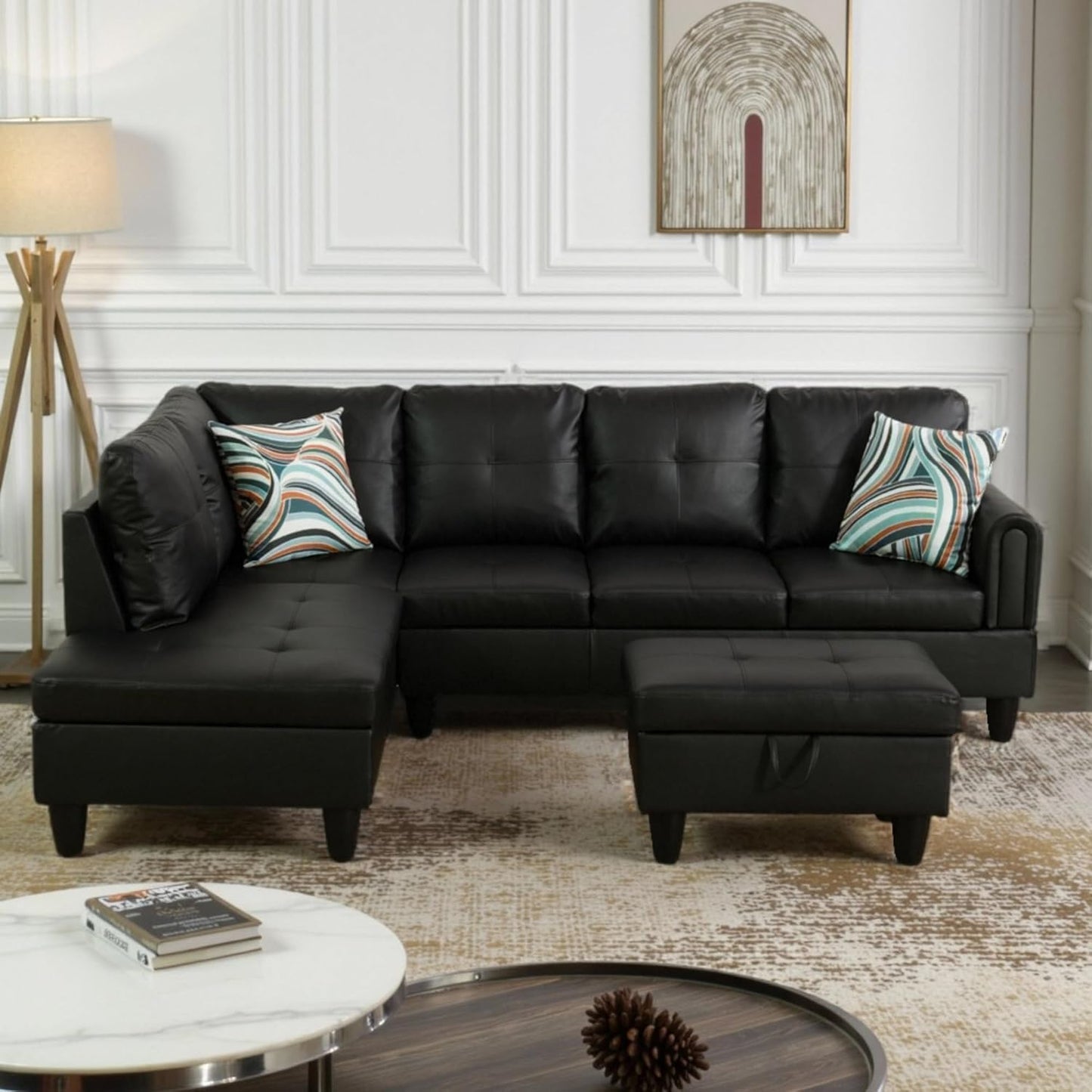 Trygoal L-Shaped Sectional Sofa with Movable Chaise & Storage Ottoman, Leather 3-Piece Modular Convertible Couches for Living Room, Apartment & Office, Glossy Black
