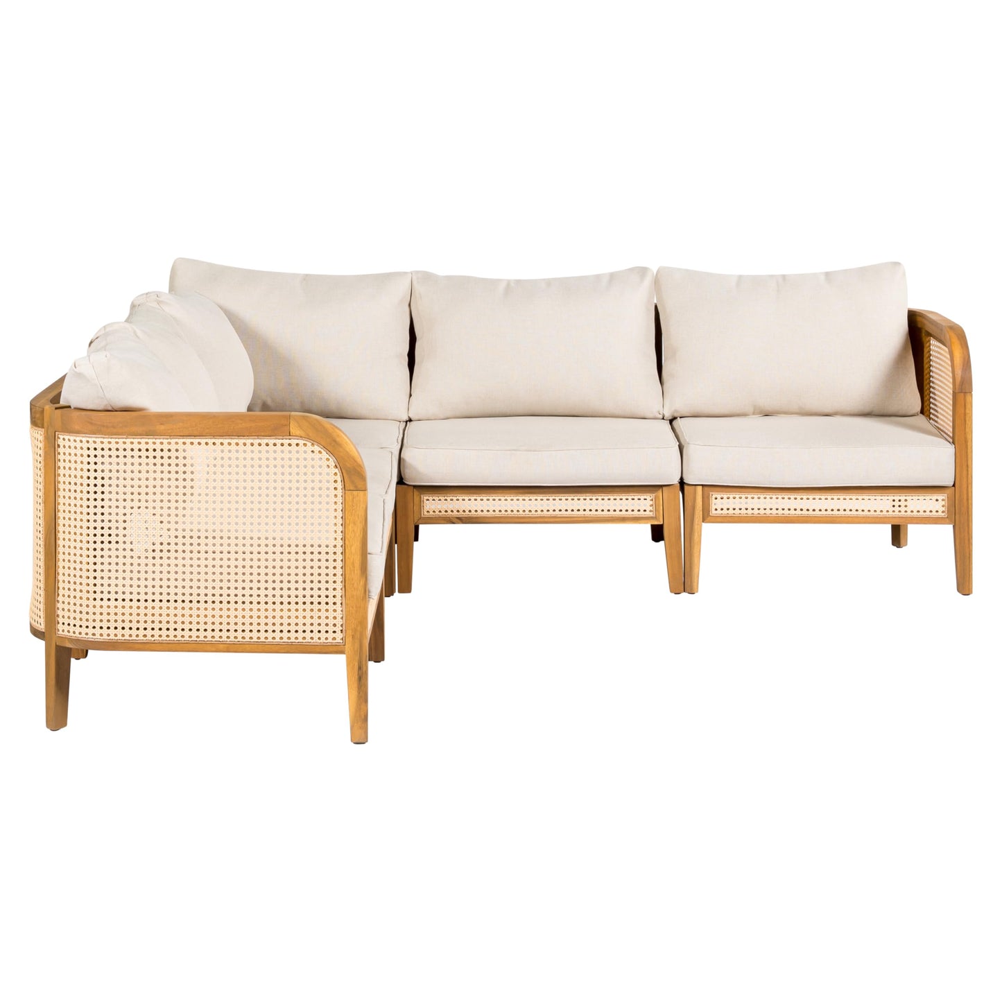 Merax 5 Piece Patio Outdoor Furniture Set, All-Weather Rattan Wicker L-Shaped Sectional Sofa w/Cushions, Acacia Wood 5-Seater Couch Set for Porch, Lawn, Backyard, Balcony, Teak+ Beige