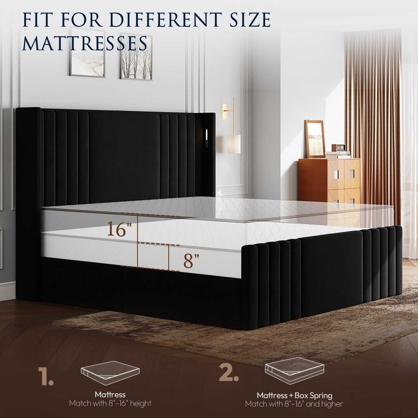 Uteeran Queen Bed Frame with 55.1" Tall Headboard, Velvet Upholstered Platform Bed with Channel Tufted Wingback, 2 Reading Lights/Storage Shelf/Charging Station/Easy Assembly/Noise-Free, Black