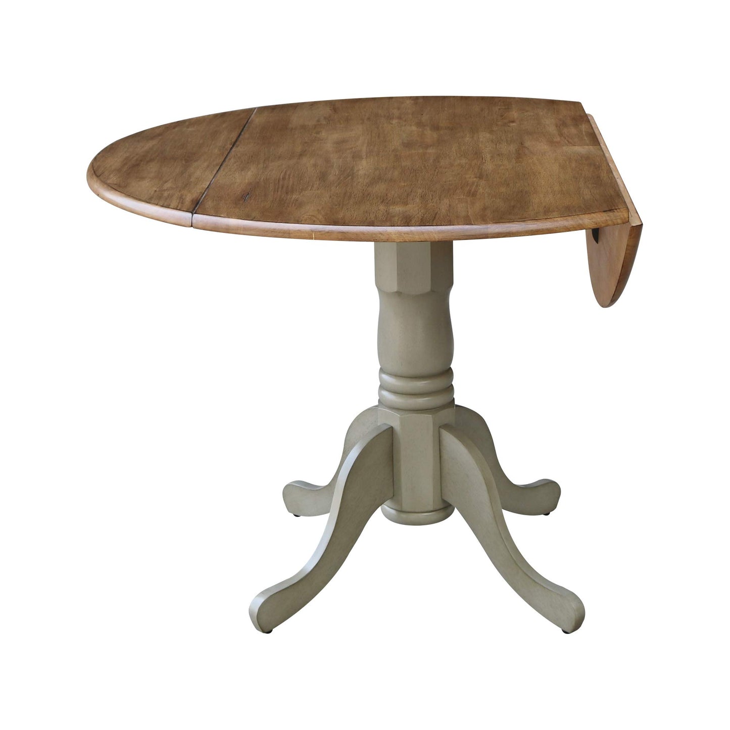 IC International Concepts, 42" Round Dual Drop Leaf Pedestal Dining Table, Solid Real Wood, Sturdy Parawood, Distressed Hickory/Stone
