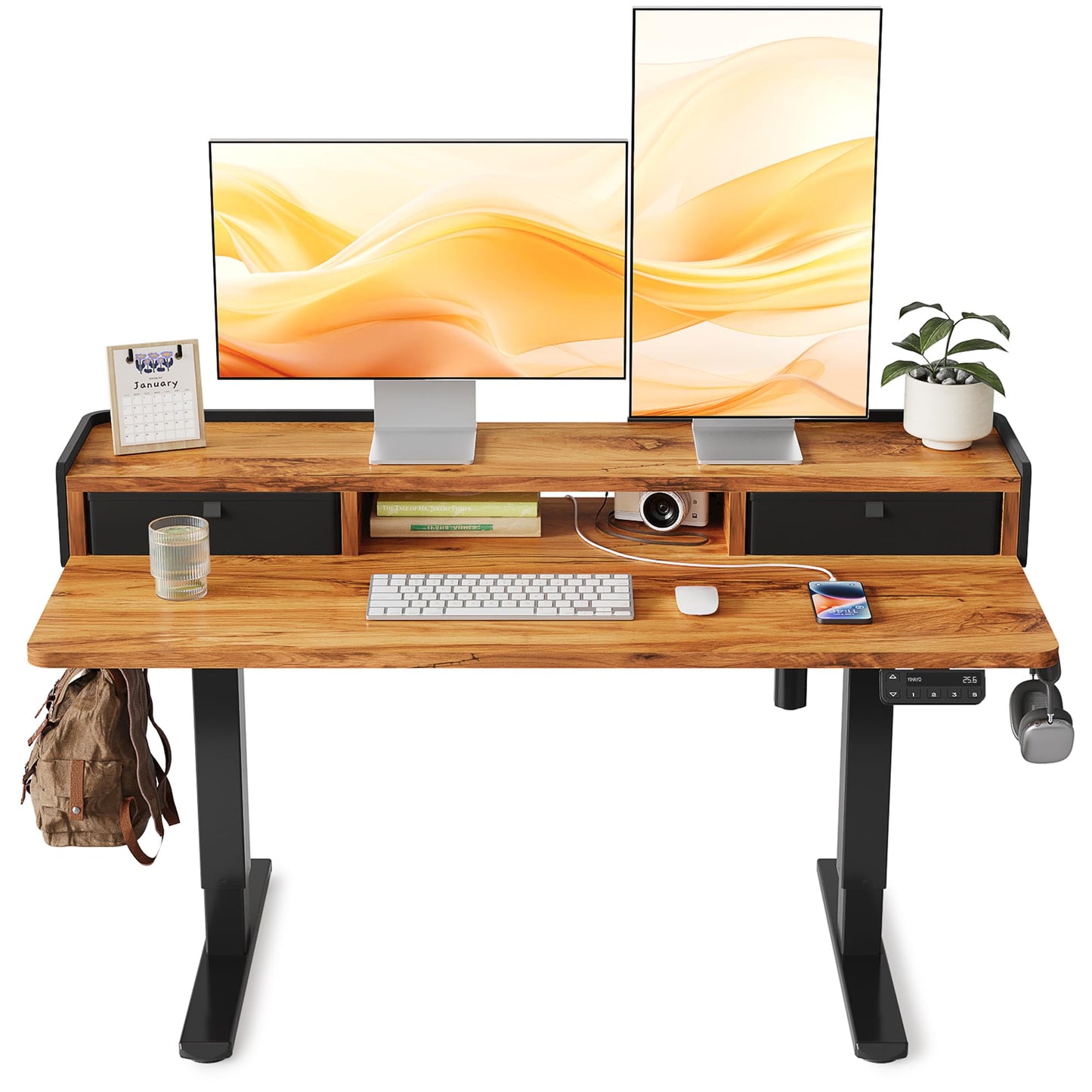 YIHAYO Low Height Adjustable Desk with Drawers, Lifts 18.1-28.3 Inches, Electric Standing Desk with Storage Shelf for short people, 48 x 24 Inches Table with Splice Board for Home Office, Rustic Brown