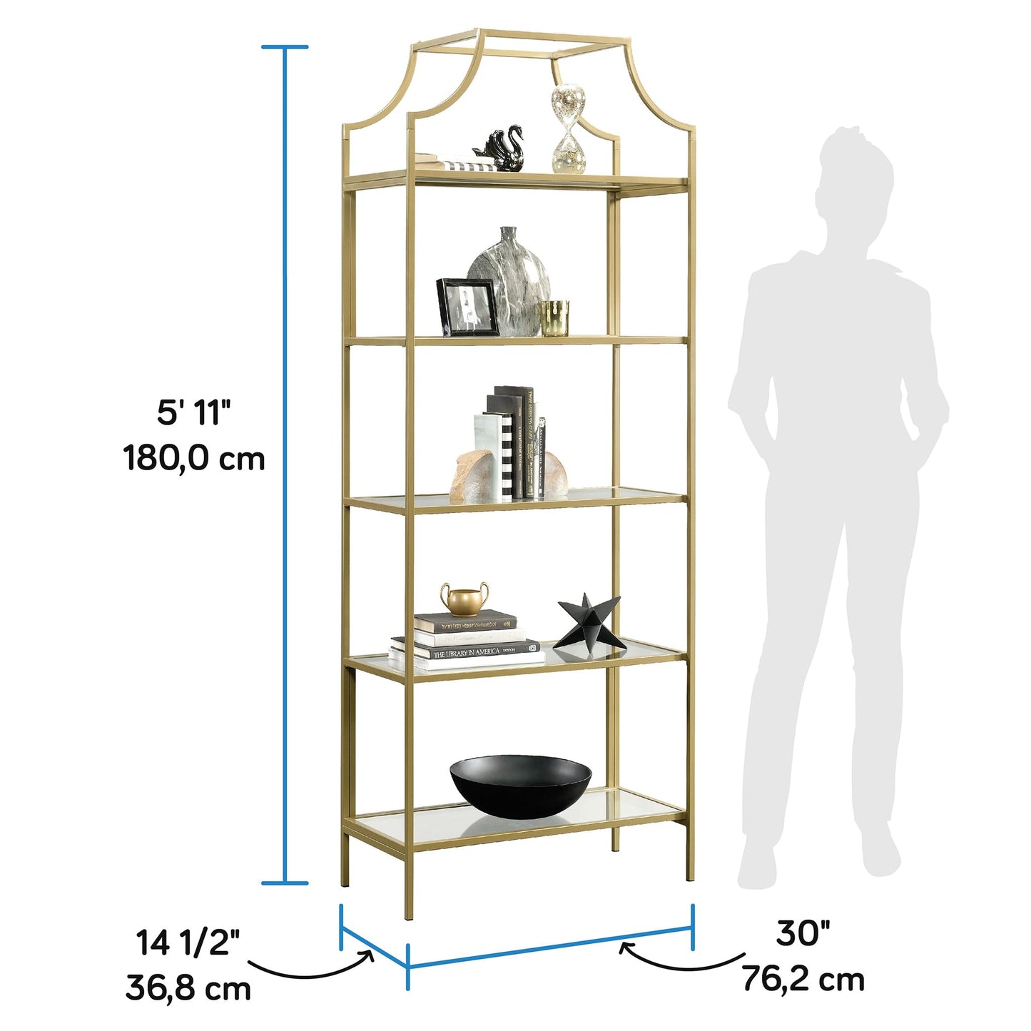 Sauder International Lux Bookcase/ book shelf, Satin Gold finish