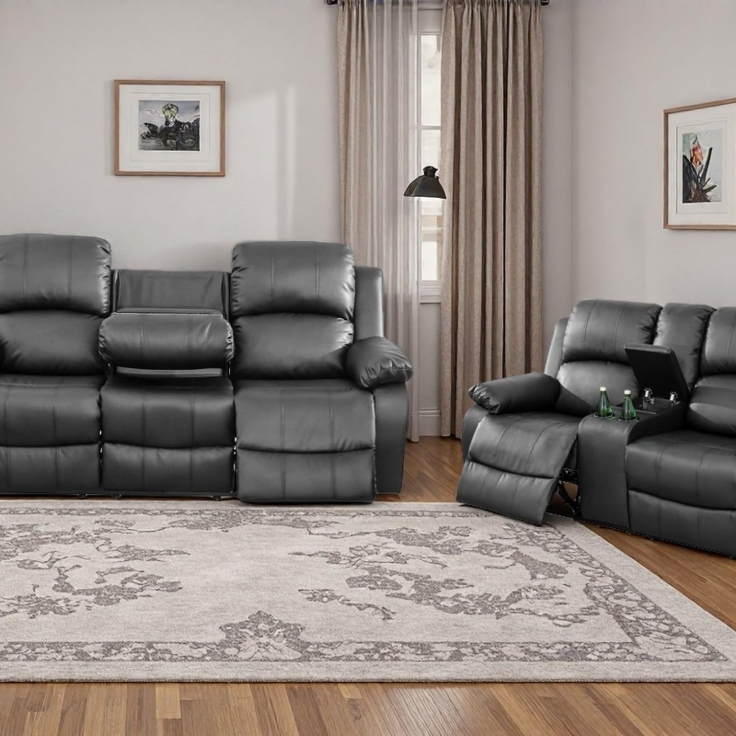 Trygoal Manual Recliner Sofa Set, Leather Reclining Living Room Furniture Set, Adjustable Backrest Reclining Loveseat Sofa and a 3 Seater Couch Furniture Set for Living Room, Home Theater, Black