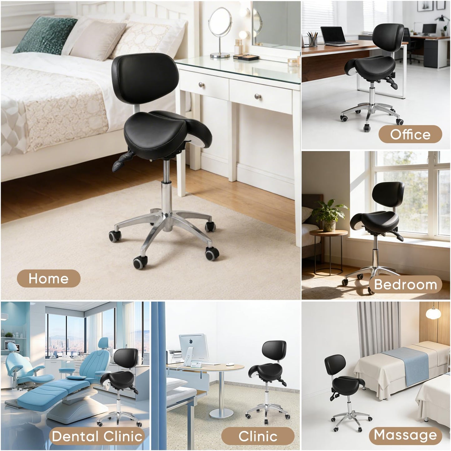 Ailyful Ergonomic Saddle Stool with Backrest, 485 lbs Capacity Rolling Stool, 12 Tilt, Adjustable Height Split Seat Stool, 360 Swivel Rolling Chair for Office, Salon, Massage, Dental, Tattoo