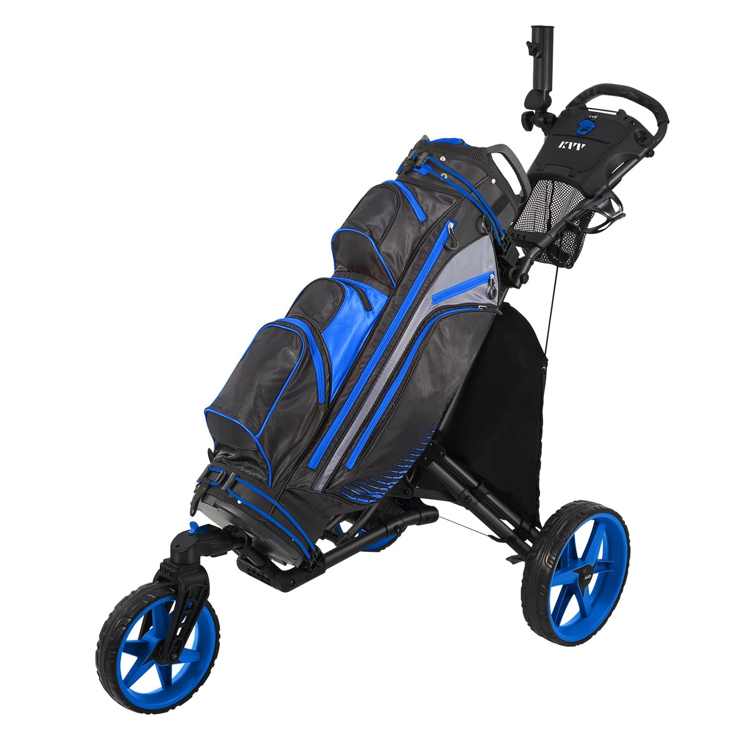 KVV 3 Wheel 360 Rotating Front Wheel Golf Push Cart Open and Close in ONE Second-Free Umbrella Holder Included(Black/Blue)