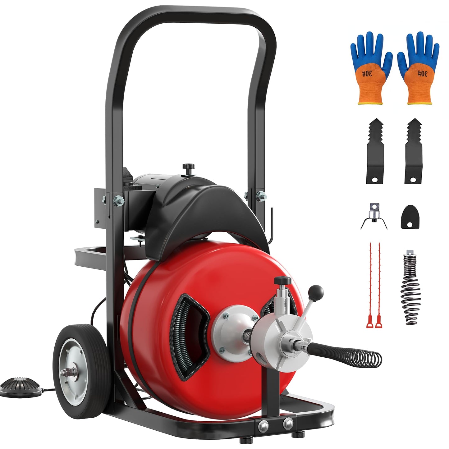 Drain Cleaner Machine 100FT x 1/2 Inch Steel Core Cable Portable 370W Electric Drain Cleaning Machine With Sewer Auger, Cutter, Air-activated Foot Switch, Wheels for Commercial, Home