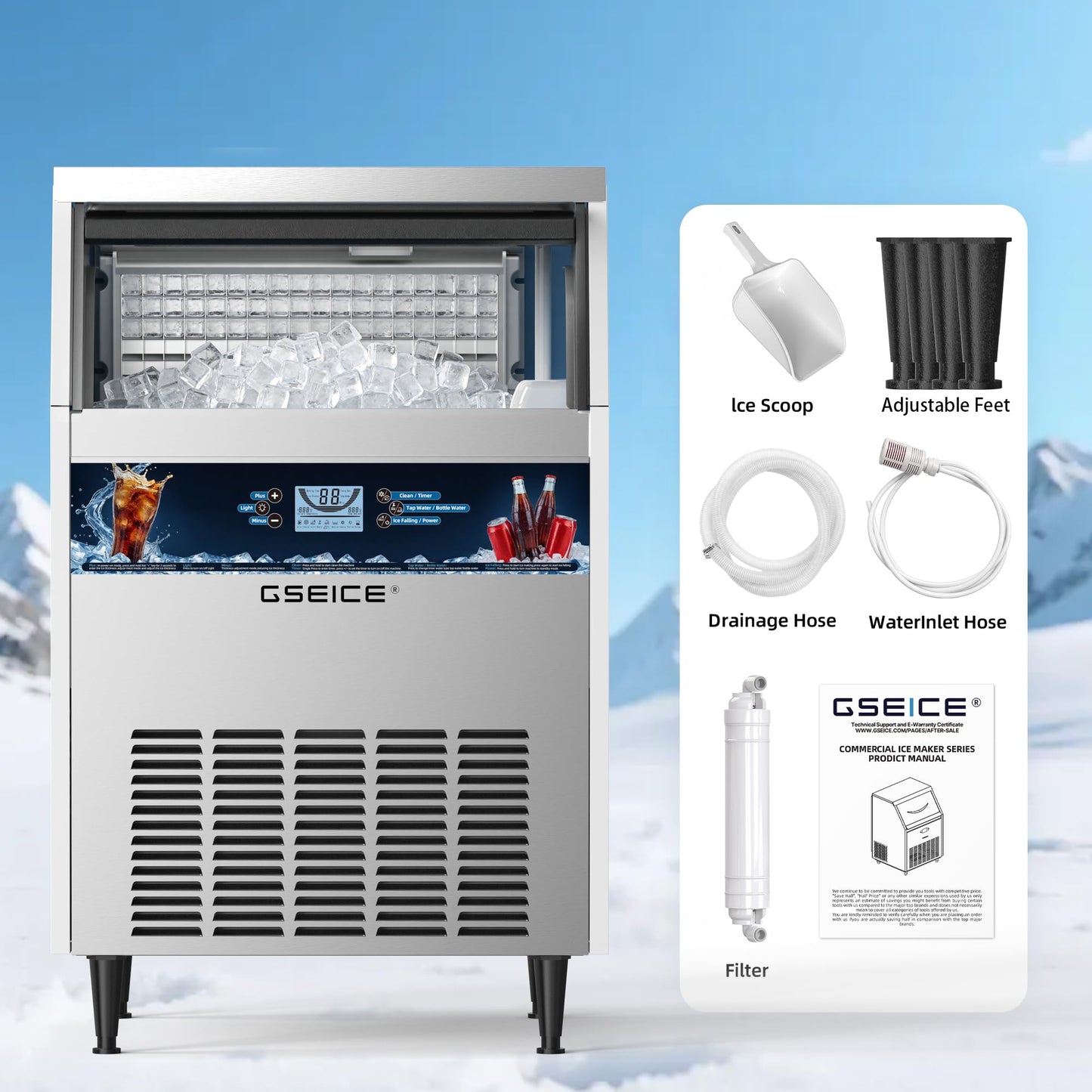 Commercial Ice Maker Machine, 300 lbs/24h with 70 lbs Storage, 126 Ice Cubes in 15 Mins, ETL FCC, Under Counter Ice Maker with LED Display, 24H Timer, Smart Reminder, for Cafe Bar Restaurant