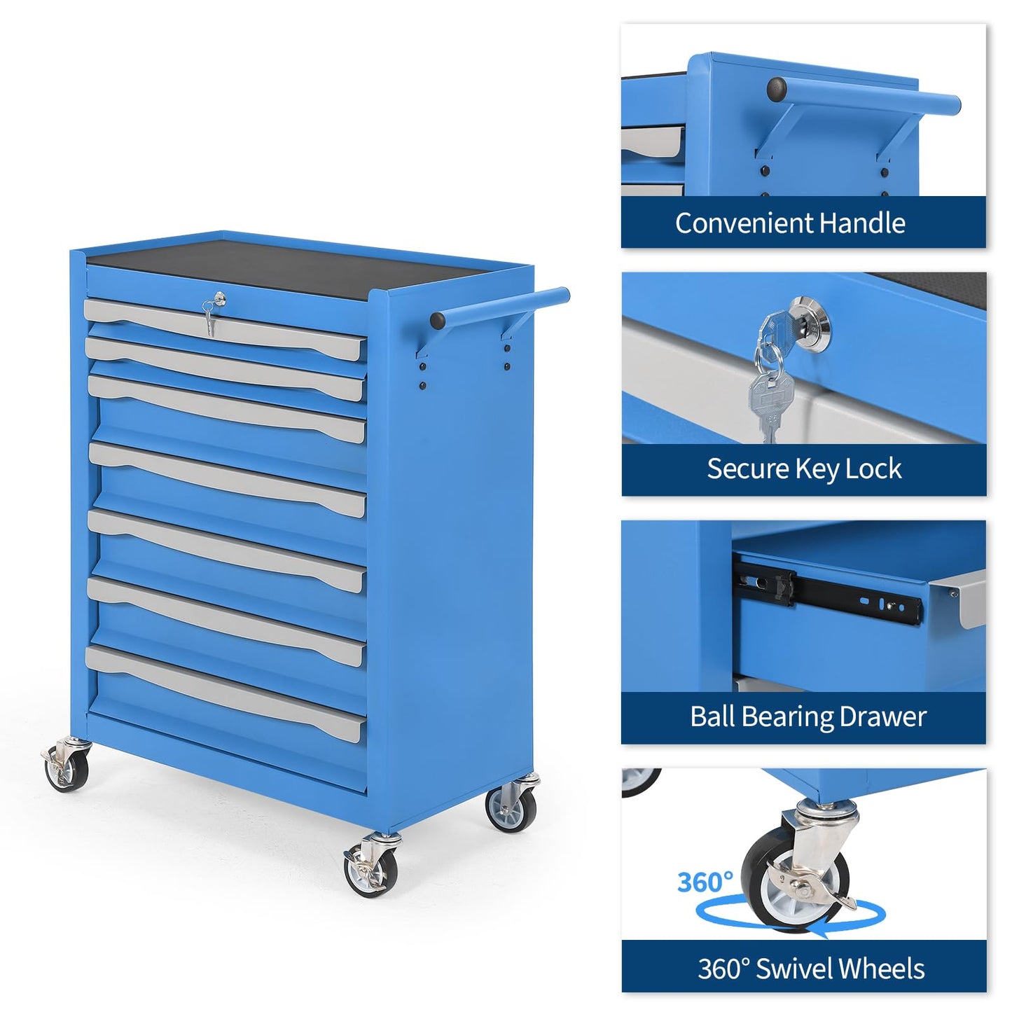 7-Drawer Tool Chest, Rolling Tool Cart with Wheels, Large Capacity Tool Storage Cabinet with Keyed Locking,Drawer Liners&Link Buckle, for Garage, Workshop, Warehouse,24.21"L * 13.78"W * 34.06"H Blue