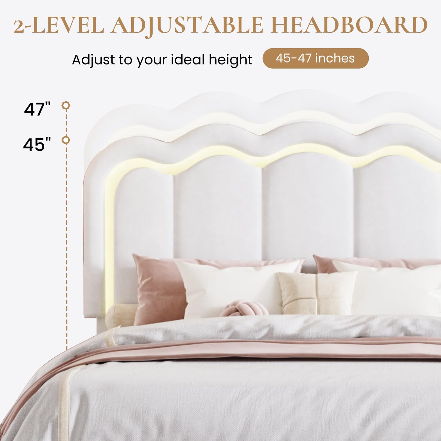 SHA CERLIN Upholstered Full Size Bed Frame with LED Lights and Large Storage Drawer, Velvet Platform Bed with Adjustable Wavy Headboard, Noise Free, Easy Assembly, No Box Spring Needed, Soft White