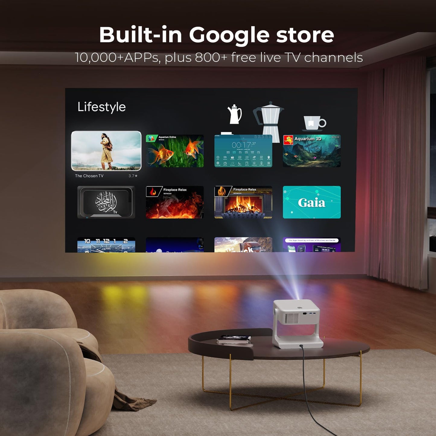 Outdoor-Projector-4K [Built-in Google TV/180°Rotatable Stand/Voice Control/E-Focus],Sovboi Smart-Movie-Projector with WiFi6 and Bluetooth, 2500 Brightness Portable-Proyector for 10,000+ Streaming Apps