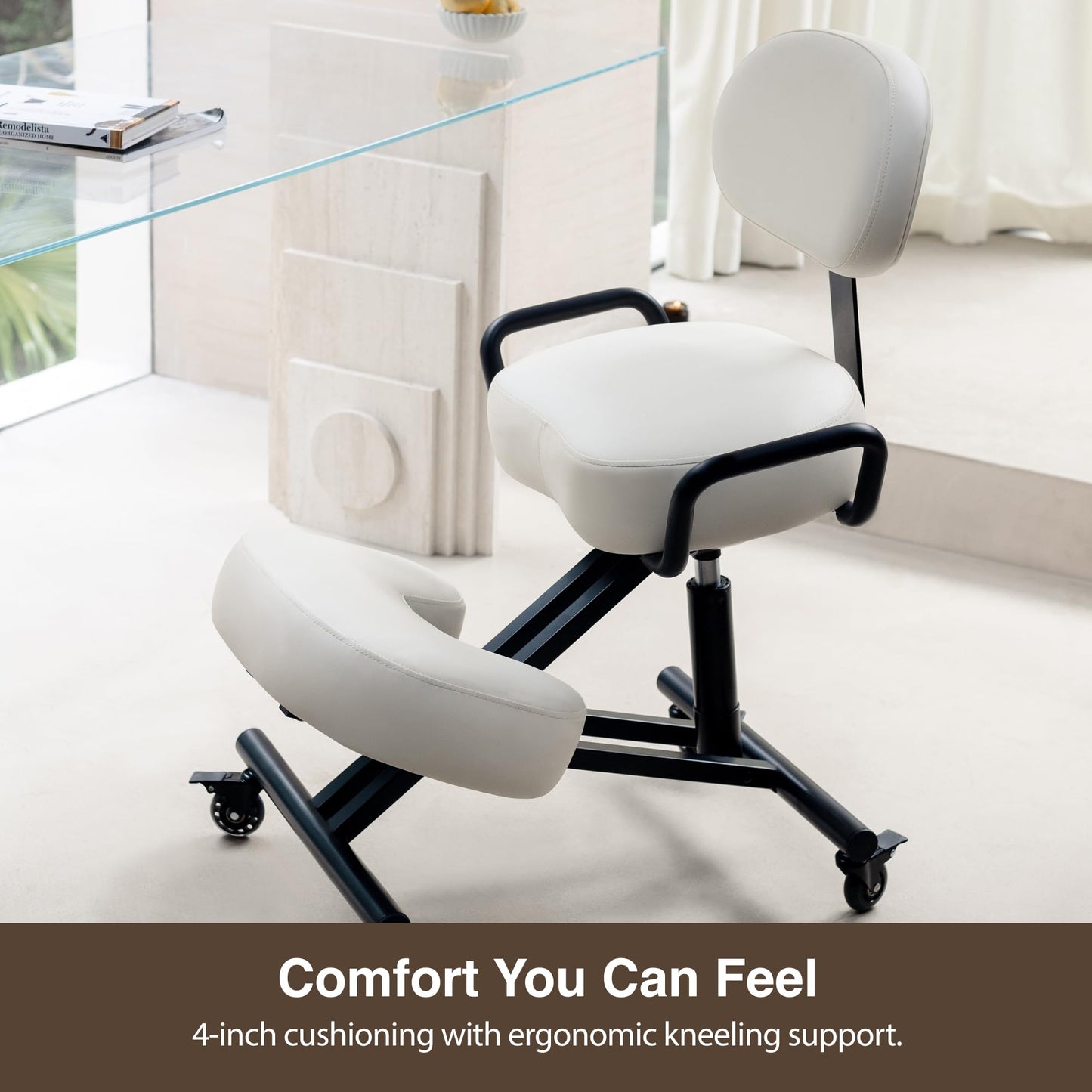 DR.LOMILOMI Ergonomic Kneeling Chair with Backrest, Improve Posture, Thick Cushions, Locking Wheels for Home & Office, AKONI 512B (Vanilla)