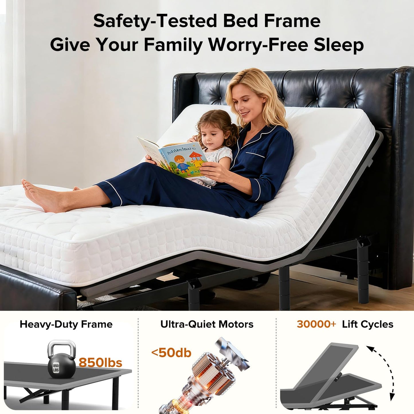 KEIKI Queen Adjustable Bed Frame with Massage Head & Foot Incline, Wireless Remote, USB Ports & LED Night Light – Sturdy, Easy Assembly – Compatible with Adjustable Base – Black