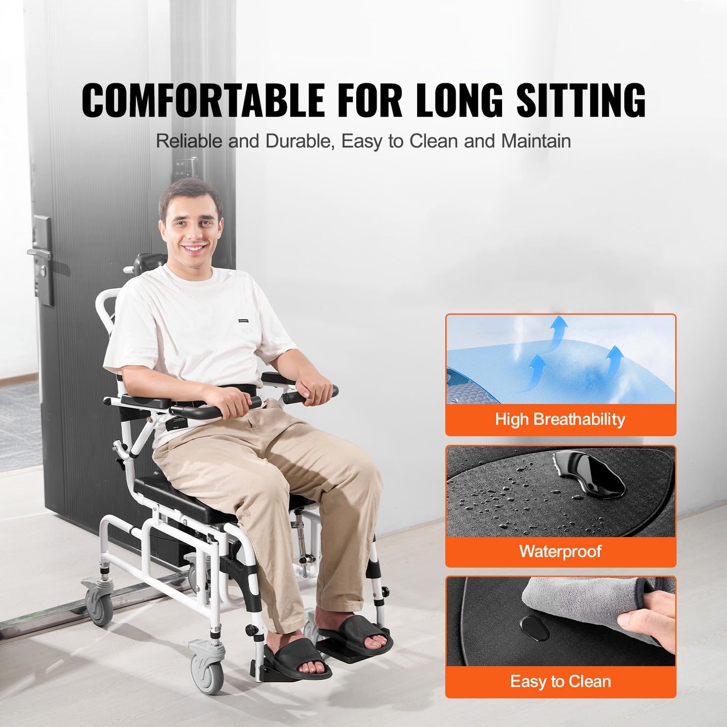 VEVOR Shower Wheelchair, 17.5in Width Aluminum Alloy Bathroom Wheelchair for Inside Shower, Adjustable Rolling Shower Chair w/Brake for Disabled Adult, 300 lbs Capacity Shower Transport Chair