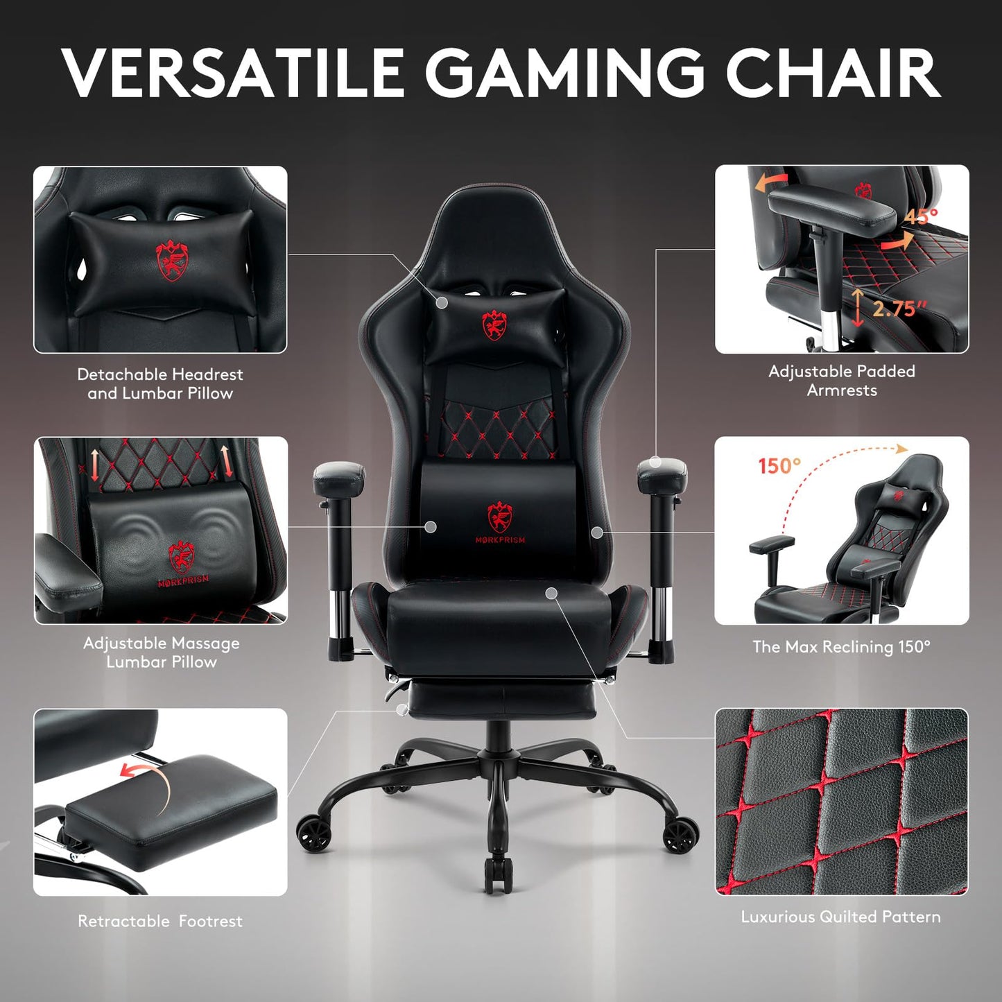 Morkprism Gaming Chair,Computer Office Chair with Footrest,Massage Lumbar Support and Gel Pad,Ergonomic Reclining Leather Gamer Chair with Headrest,Adjustable Armrests and Spring Cushion Black Red