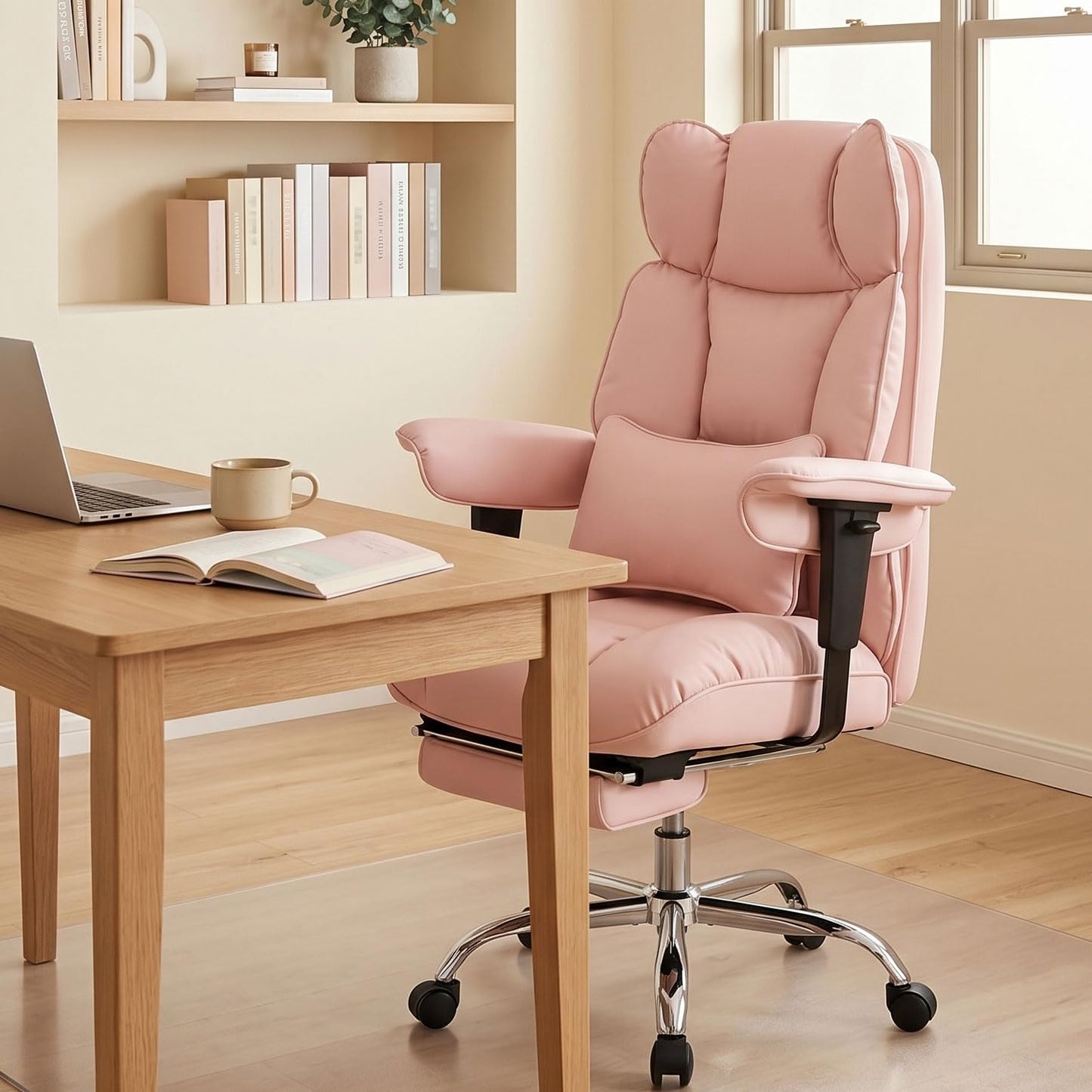 Efomao Big and Tall Office Chair 400lbs - Heavy Duty Reclining Desk Chair with Footrest, Spacious High Back PU Leather Executive Chair, Double-Layer Spring Support, Pink