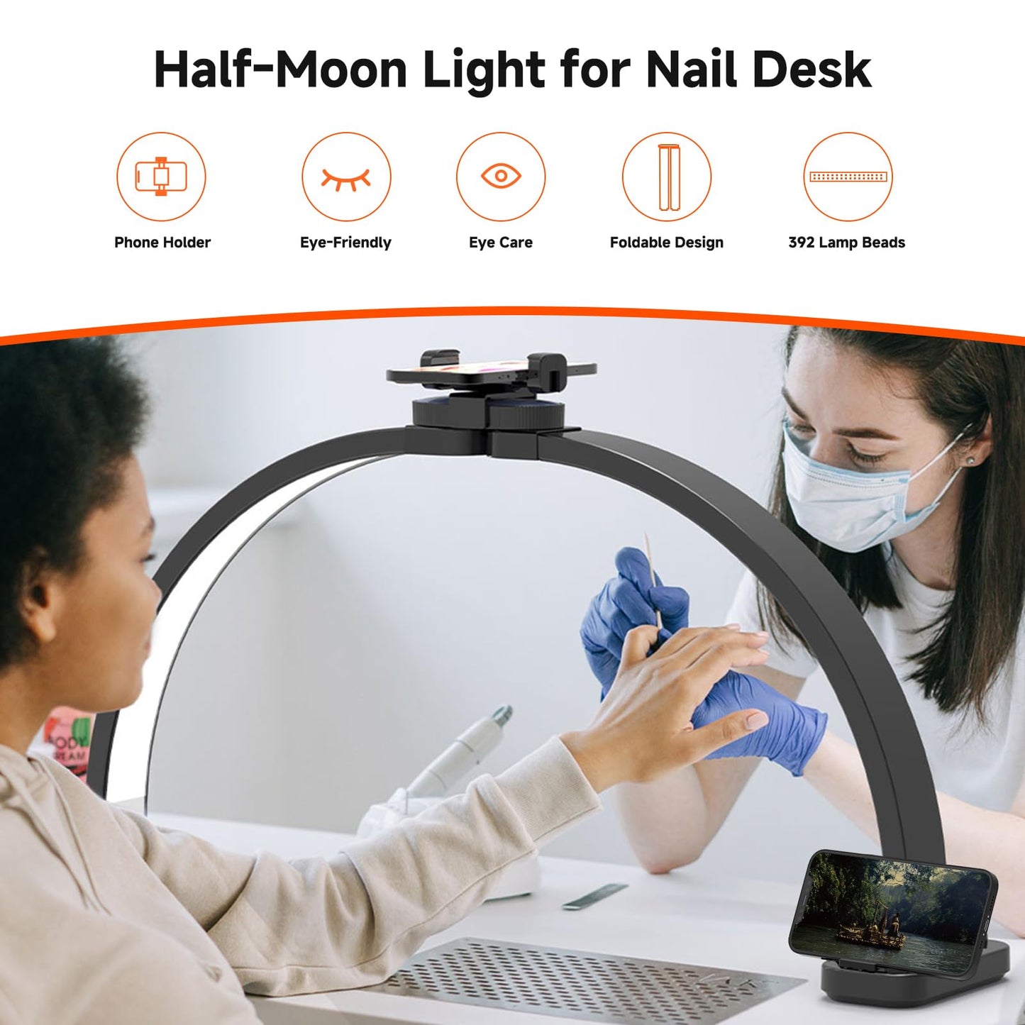 Welinspift 45W Half Moon LED Arch Lamp with Phone Holder, Dimmable 3000K-6500K, Black, Model ML-800A