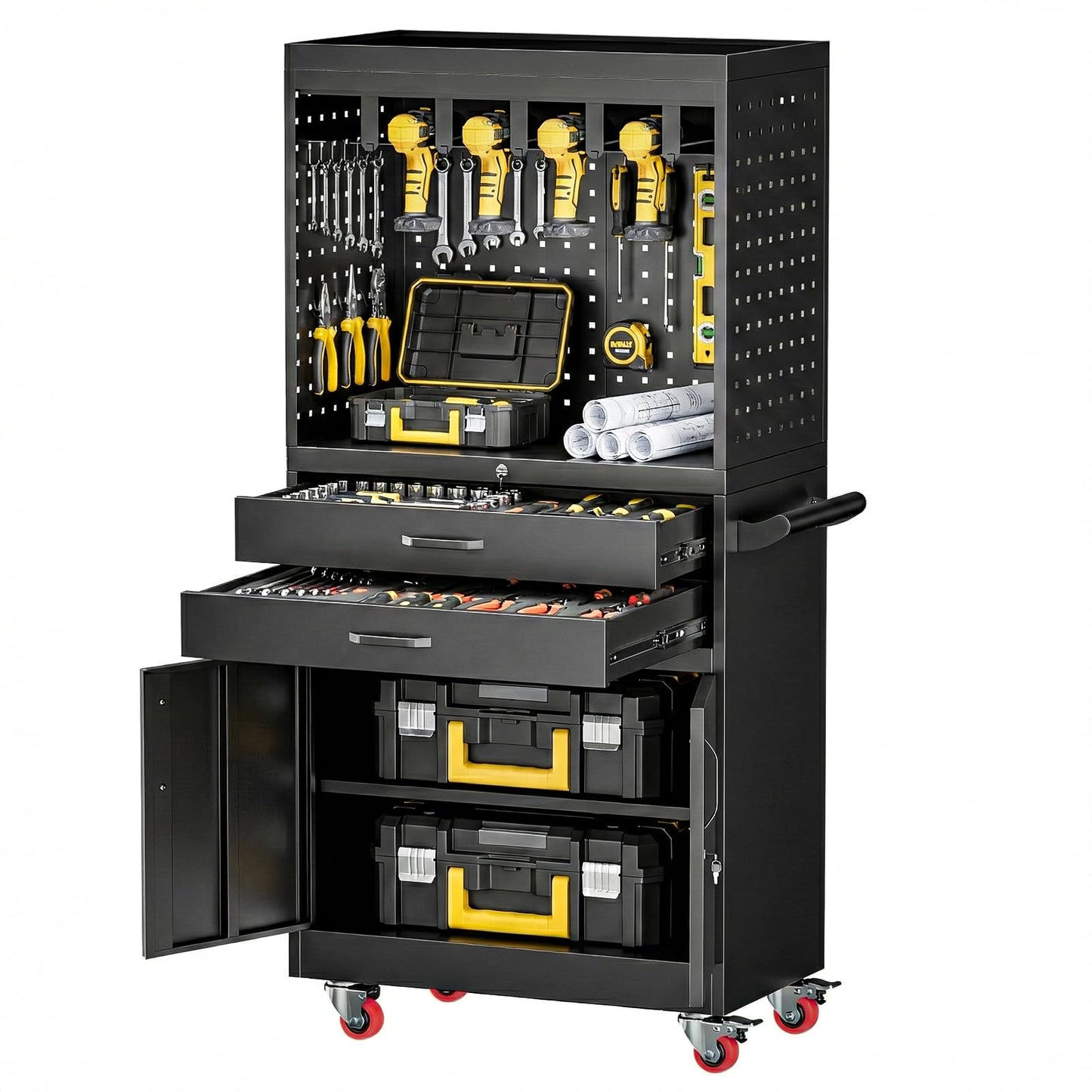dinwork Professional Mobile Tool Cart with Locking Wheels, Large Storage & Built-in Outlet - Heavy Duty Rolling Workbench for Garage, Workshop, Electric Tool Organization and Moving Jobs