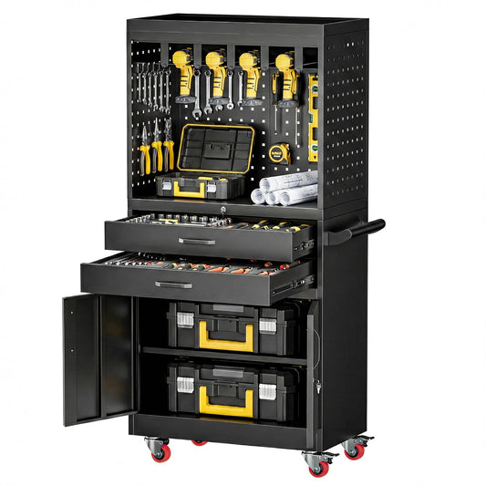 dinwork Professional Mobile Tool Cart with Locking Wheels, Large Storage & Built-in Outlet - Heavy Duty Rolling Workbench for Garage, Workshop, Electric Tool Organization and Moving Jobs