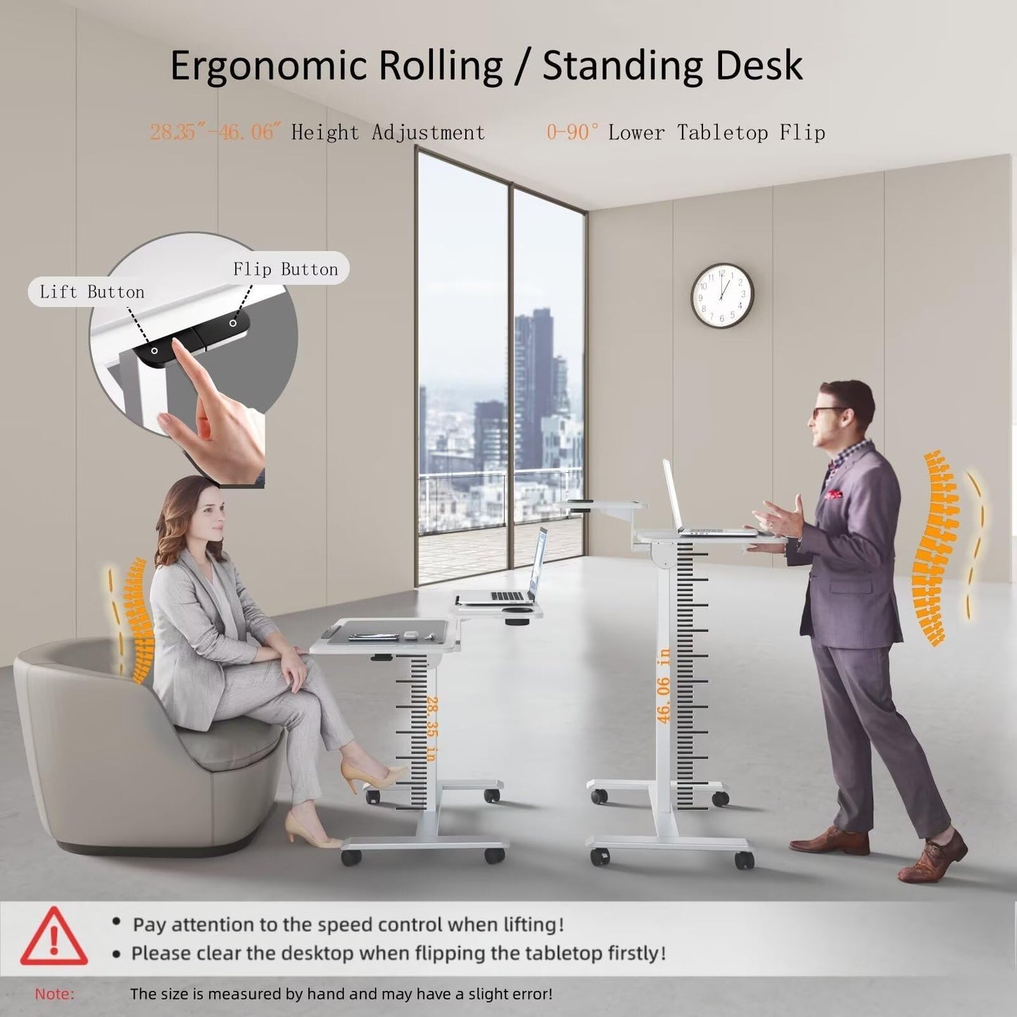 TecbL Pneumatic Standing Desk with Wheels - Adjustable Height 28" - 46" & 0-90° Tilt, 31.5" x 17.7" Skin-Feel Desktop, Rolling Computer Desk for Home Office, Hospital, School (White)