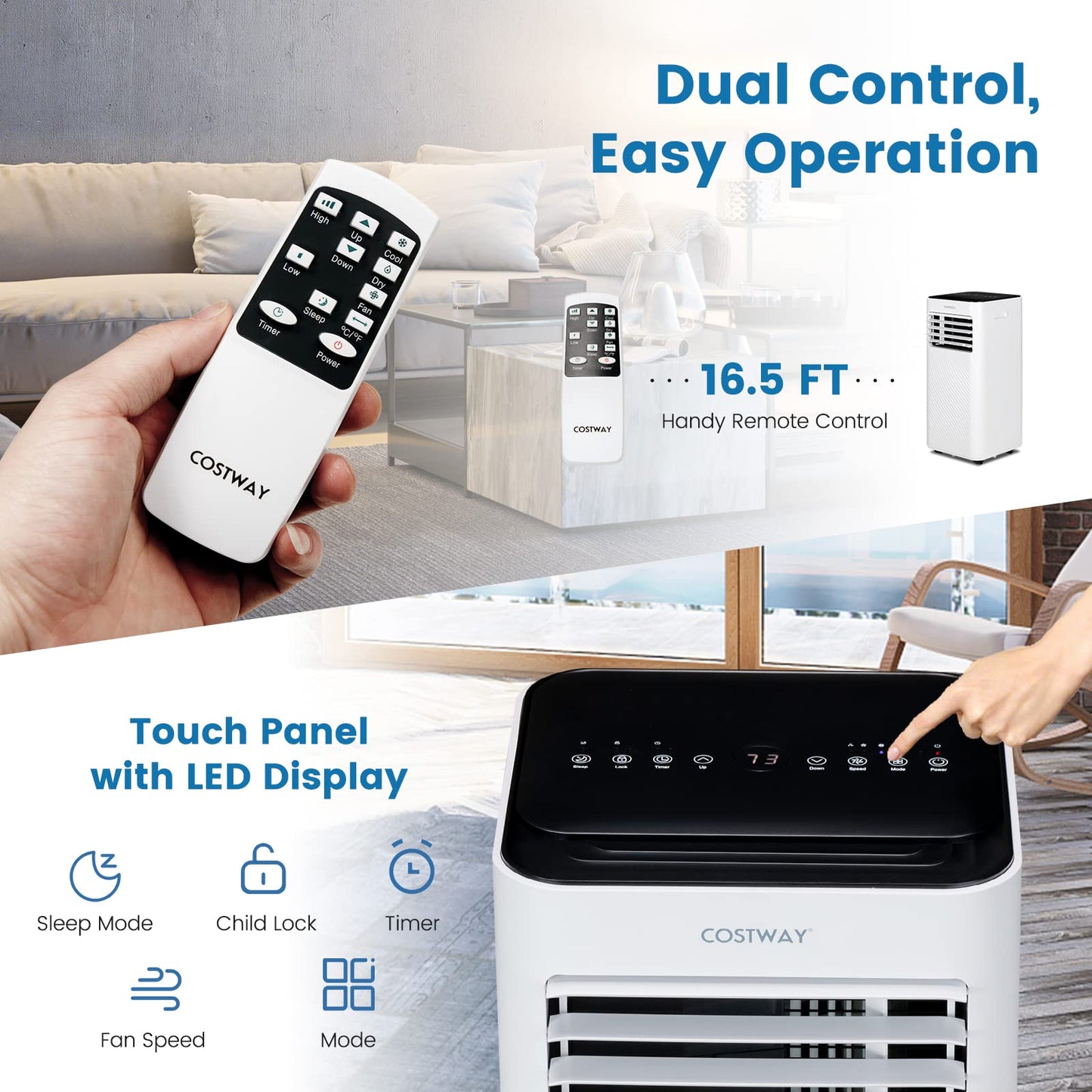 COSTWAY Portable Air Conditioner, 10000 BTU AC Unit with Cool, Fan, Dehumidifier & Sleep Mode for Rooms up to 350 Sq.Ft, with 24H Timer, Child Lock, Remote Control & Window Kit (White and Black)