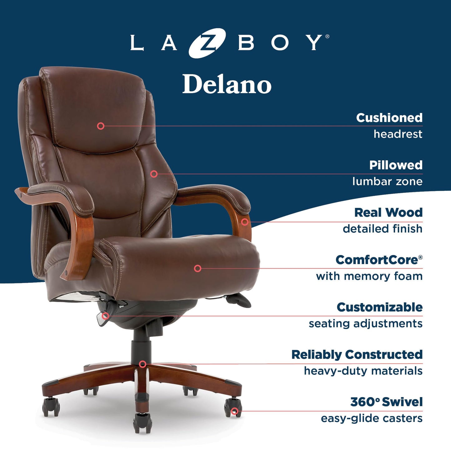 La-Z-Boy Delano Big and Tall Executive Office Chair - Ergonomic Lumbar Support Memory Foam - Bonded Leather Desk Chair for Home Office - Mahogany Wood Arms - Chestnut Brown