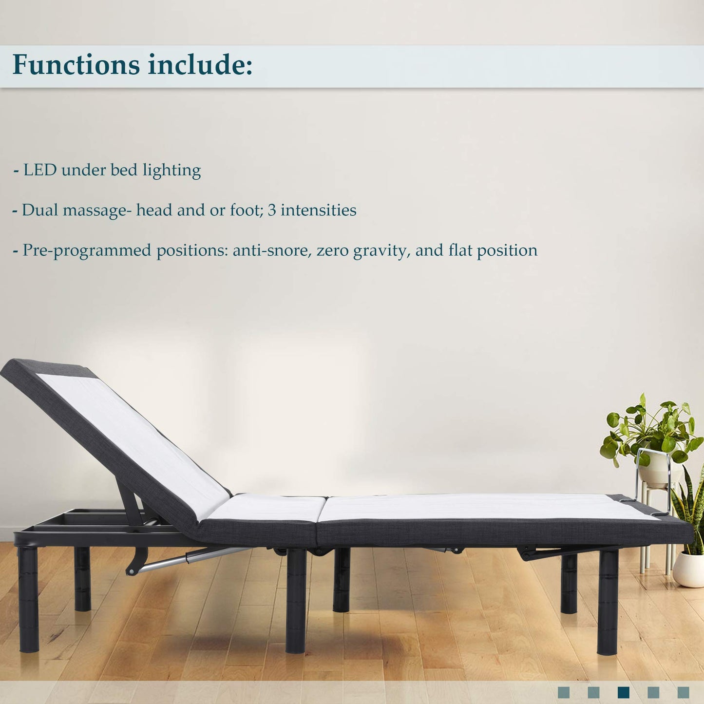 Nutan, 15" Split Adjustable Bed Frame Base with Mattress 3 Programmable Positions, Head and Foot Incline, Massage System, and LED Ambient Lighting, Made for All Types of Mattresses, California King