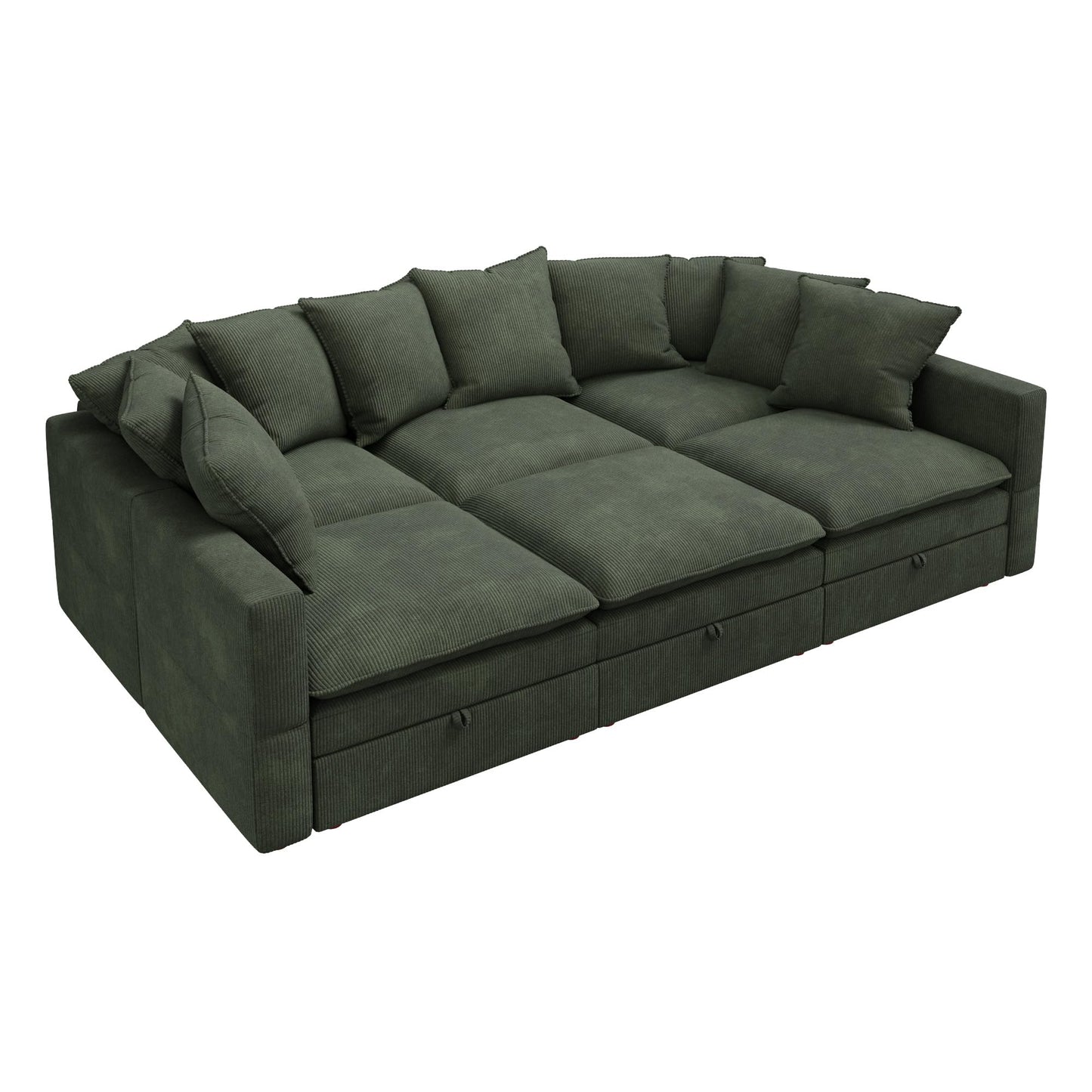 HONBAY Modular Sectional Sleeper Sofa, Corduroy 6 Seater Couch with Storage, Sectional Sleeper Couches for Living Room, Green