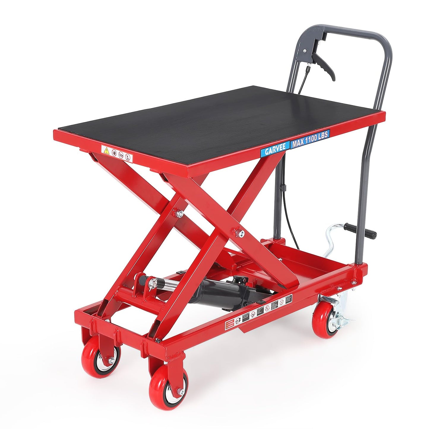 Garvee Hydraulic Lift Table Cart, 1100 LBS Capacity 35.4 in Lifting Height, Single Scissor Lift Table with 4 Wheels and Non-Slip Pad for Material Handling and Transportation, Red